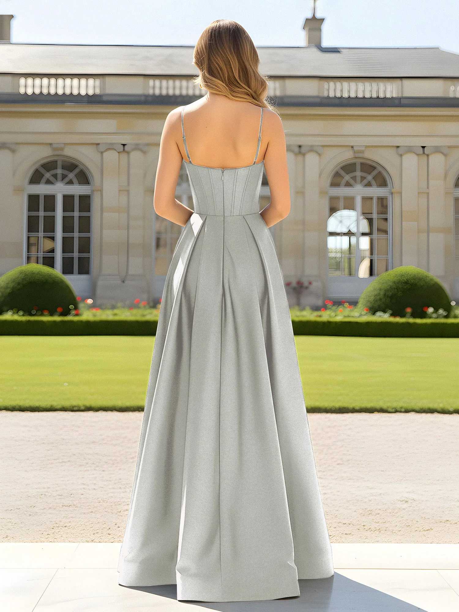 A-Linie Spaghettiträger Cowl Ausschnitt Satin Kleid Silber - Image 2
