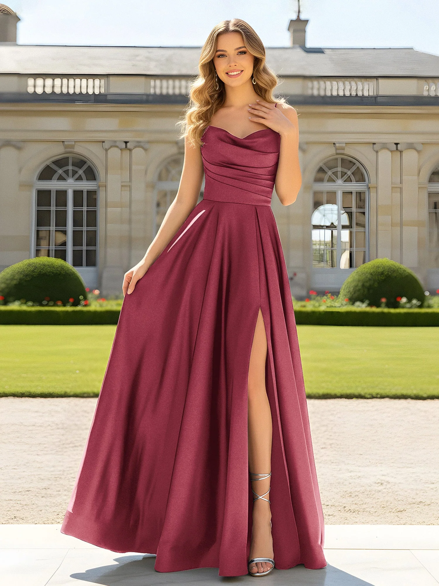 A-Linie Spaghettiträger Cowl Ausschnitt Satin Kleid Zimtrose