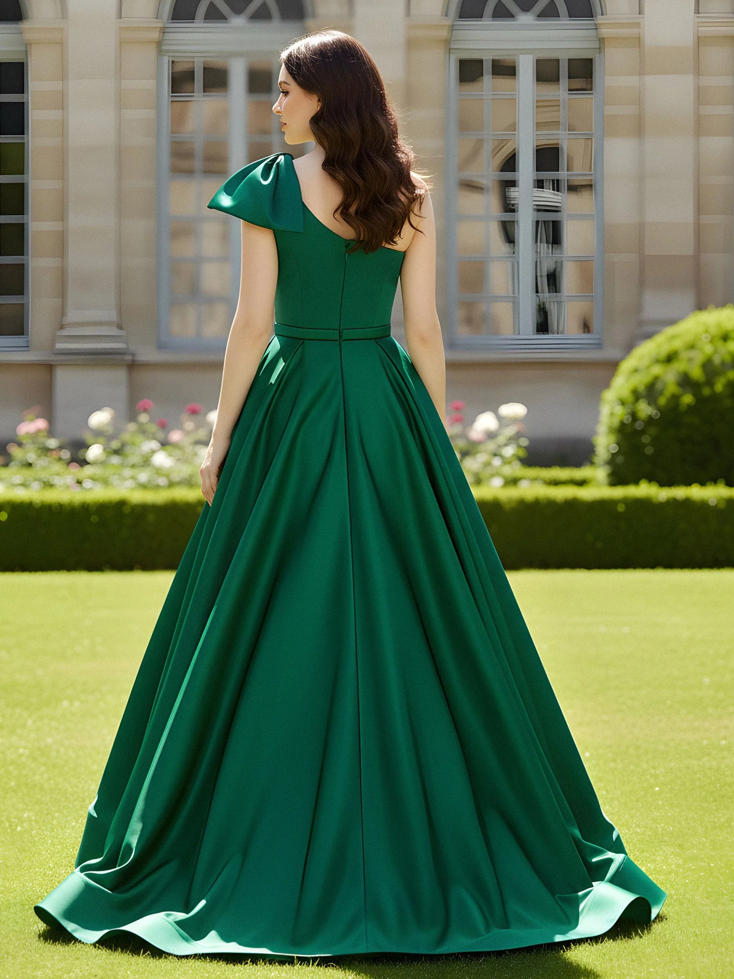 Eine Schulter Schleppe Satin Kleid mit Schleife Jade - Image 2