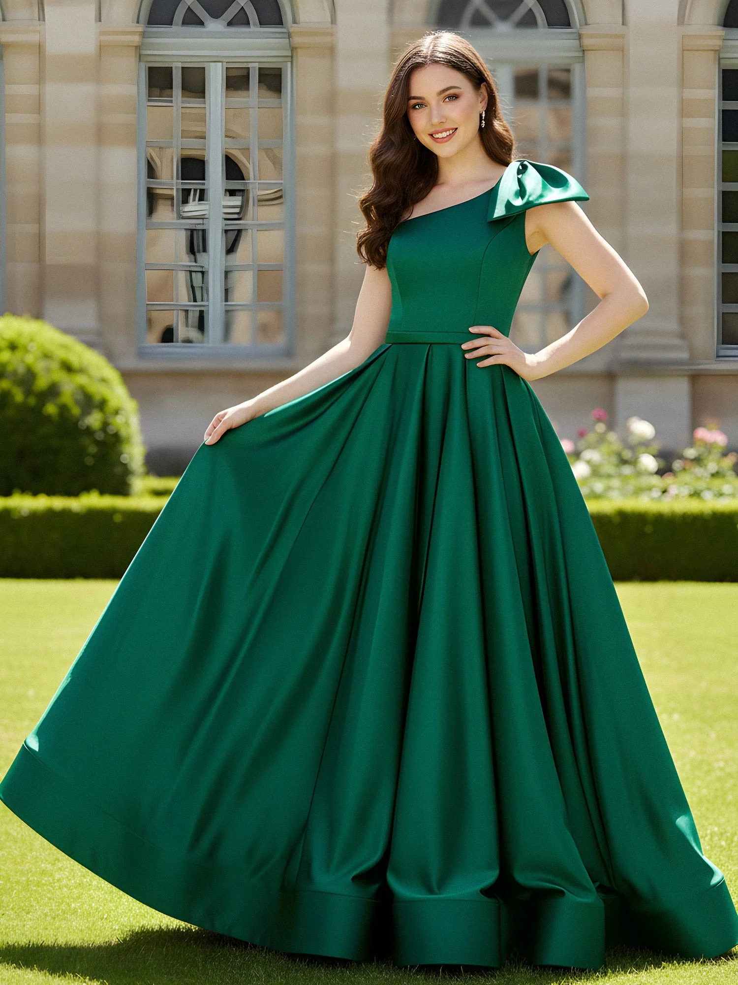 Eine Schulter Schleppe Satin Kleid mit Schleife Königsblau