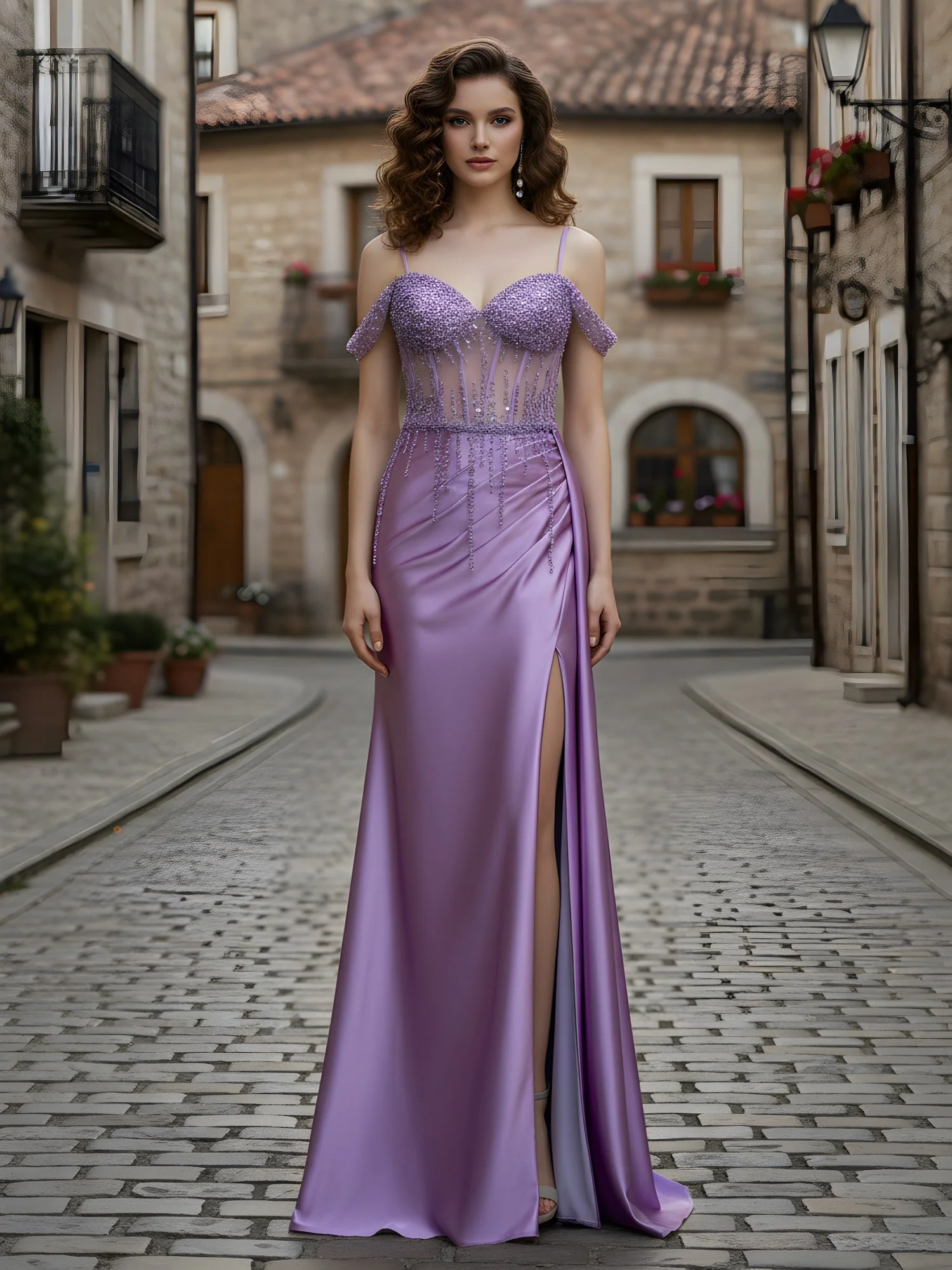 Herzform Pailletten Schier Korsett Etui Kleid mit Schlitz Lavendel - Image 3