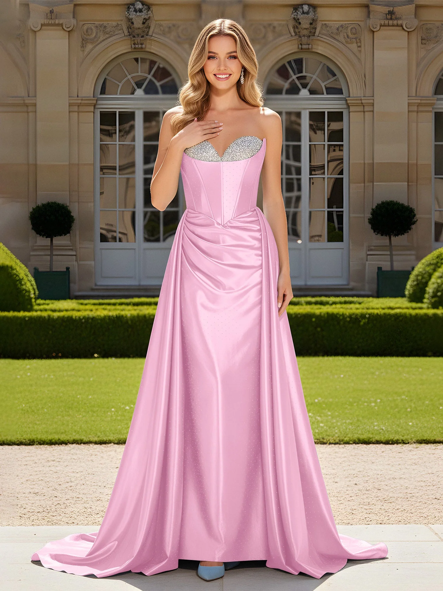 Herzform Plissee Spitzenoberteil Kleid mit Schleppe Bonbonrosa
