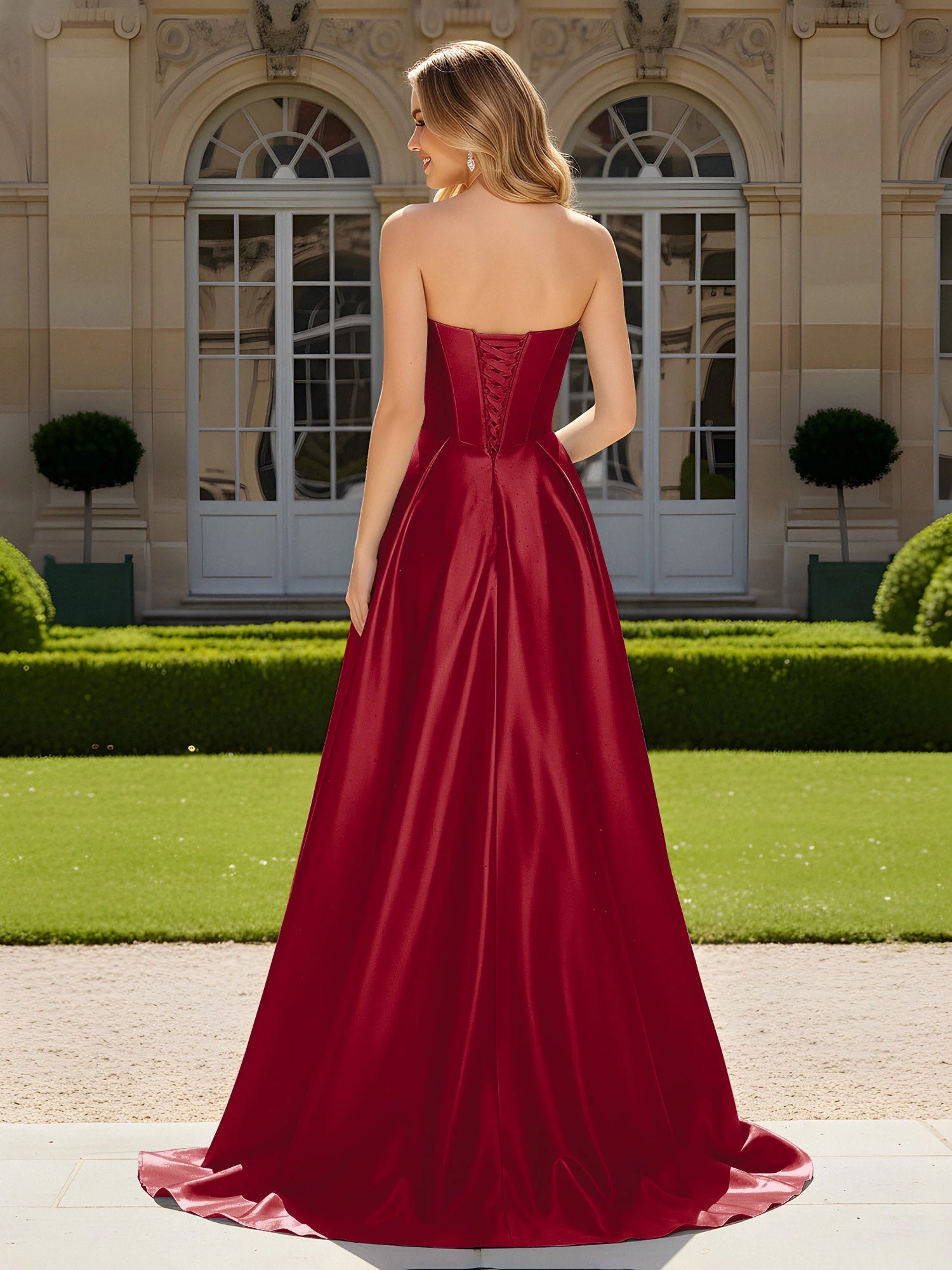 Herzform Plissee Spitzenoberteil Kleid mit Schleppe Burgunderrot - Image 2