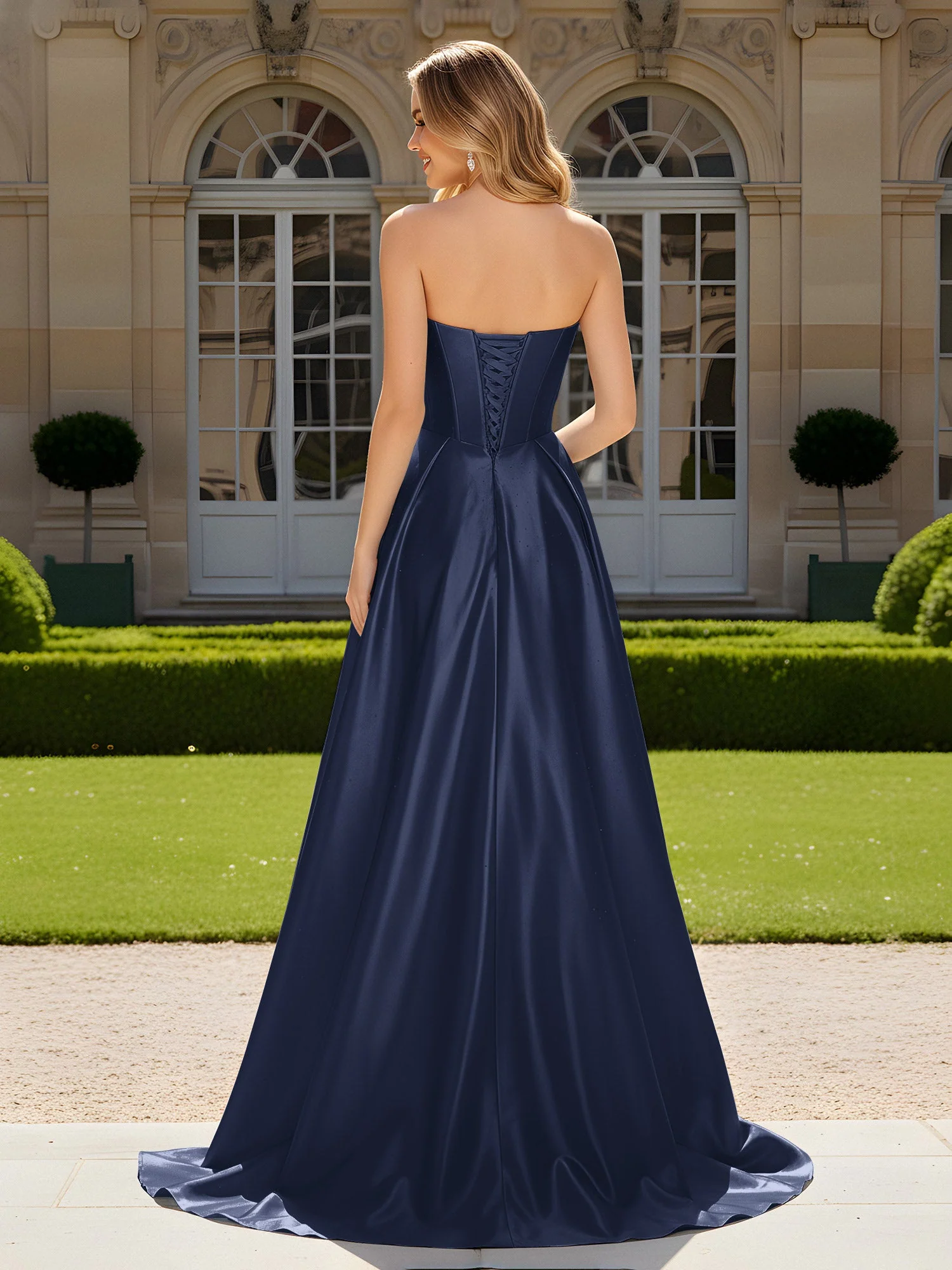 Herzform Plissee Spitzenoberteil Kleid mit Schleppe Dunkelmarine - Image 2