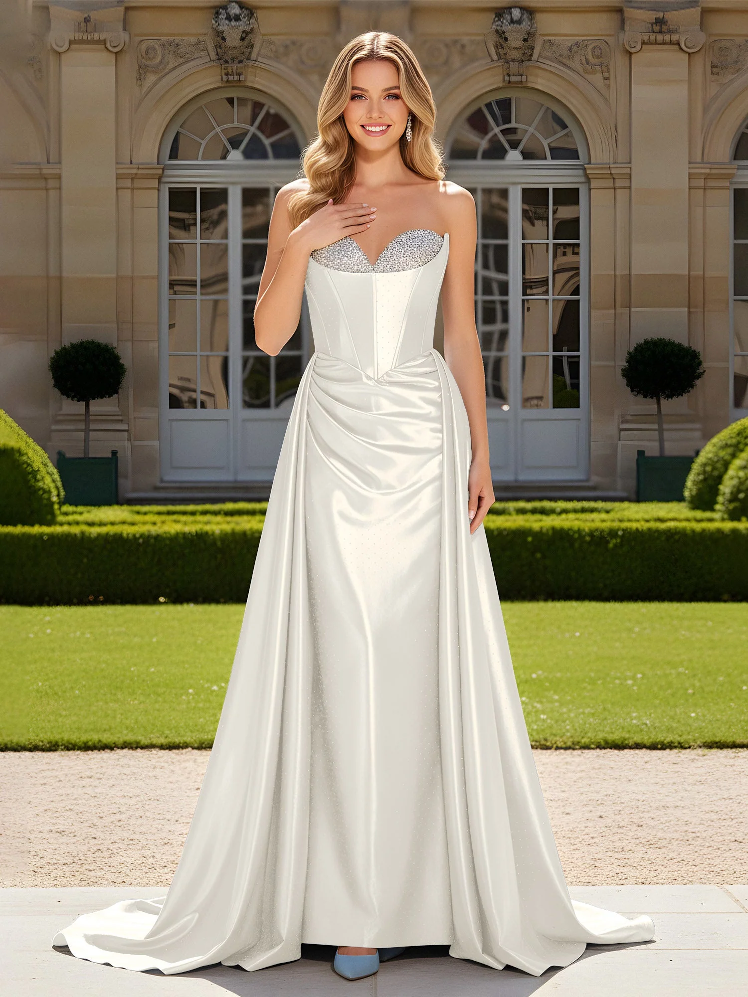 Herzform Plissee Spitzenoberteil Kleid mit Schleppe Elfenbein