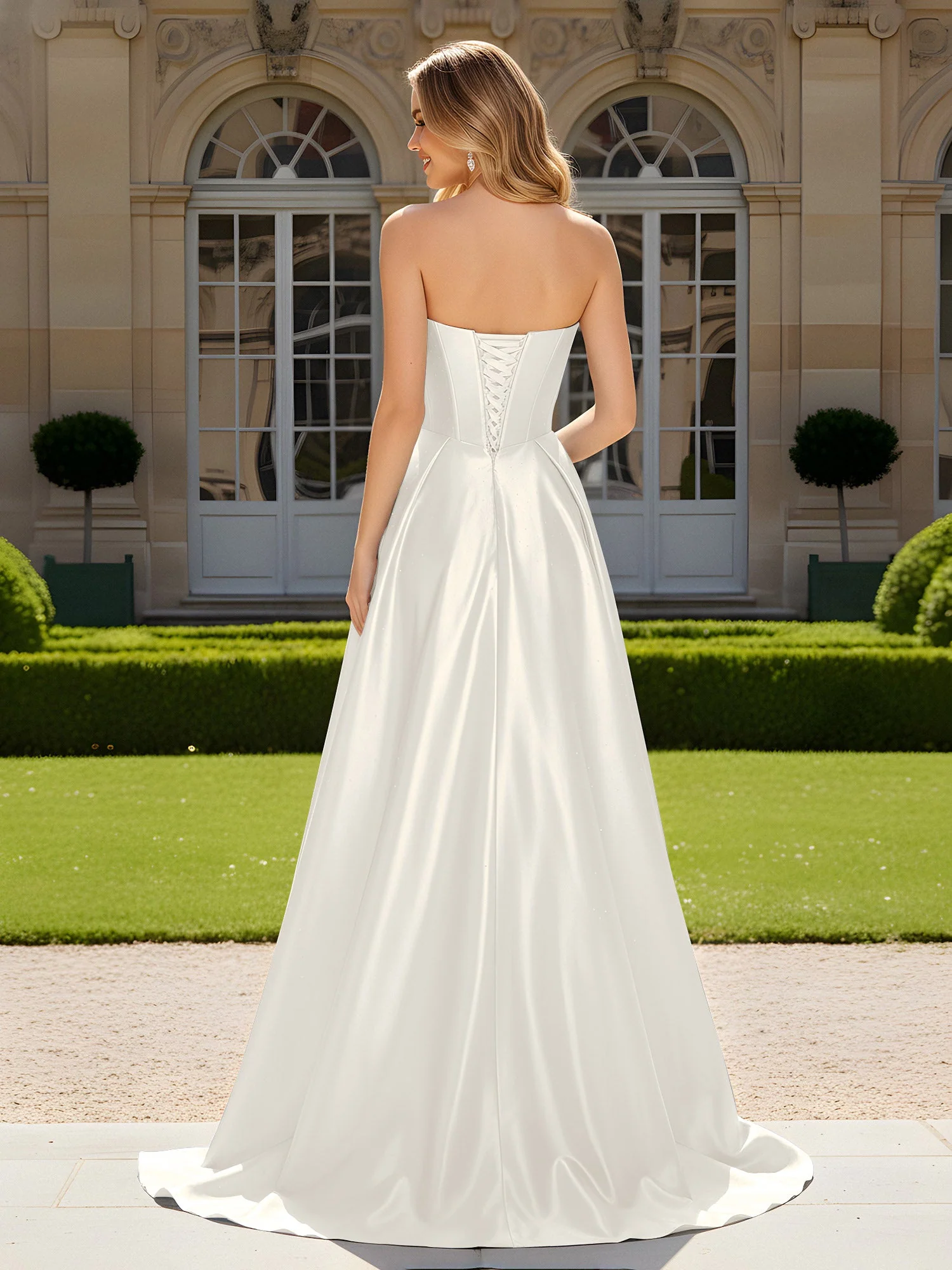 Herzform Plissee Spitzenoberteil Kleid mit Schleppe Elfenbein - Image 2