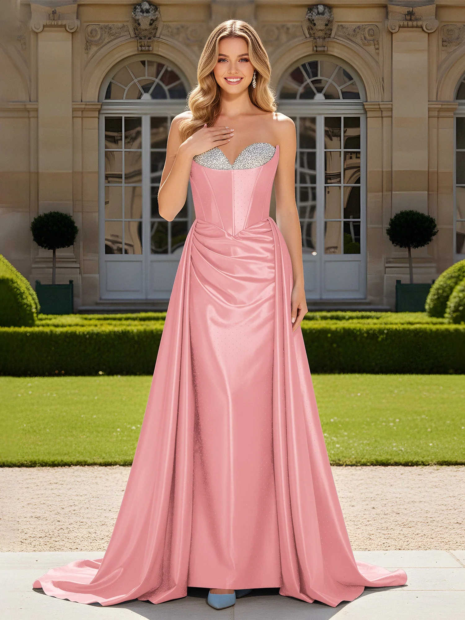 Herzform Plissee Spitzenoberteil Kleid mit Schleppe Flamingo