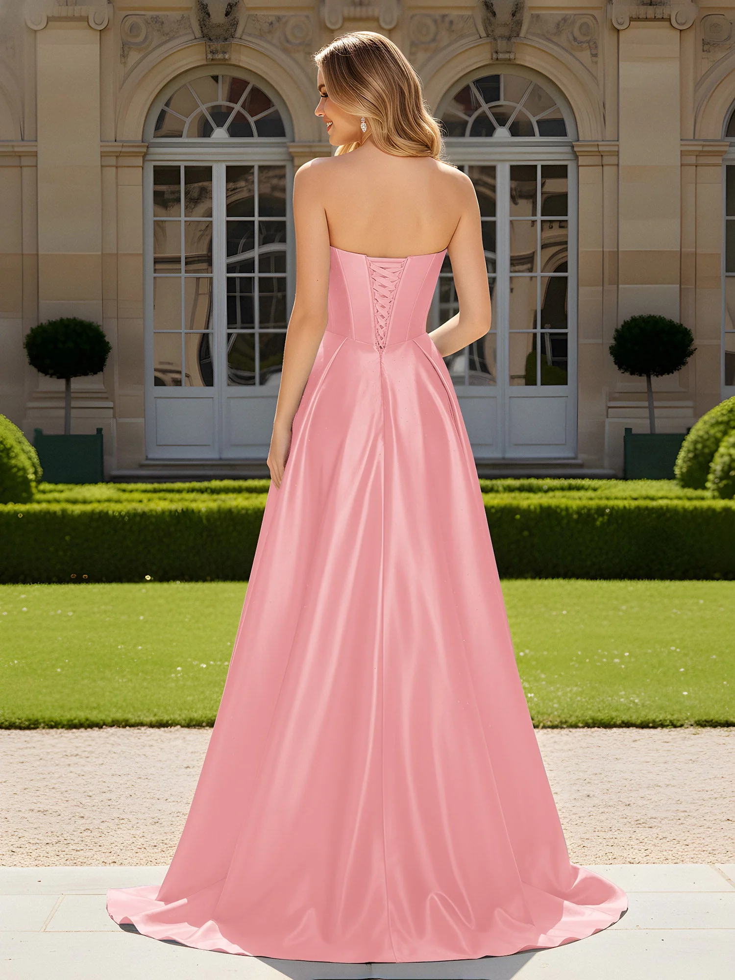 Herzform Plissee Spitzenoberteil Kleid mit Schleppe Flamingo - Image 2