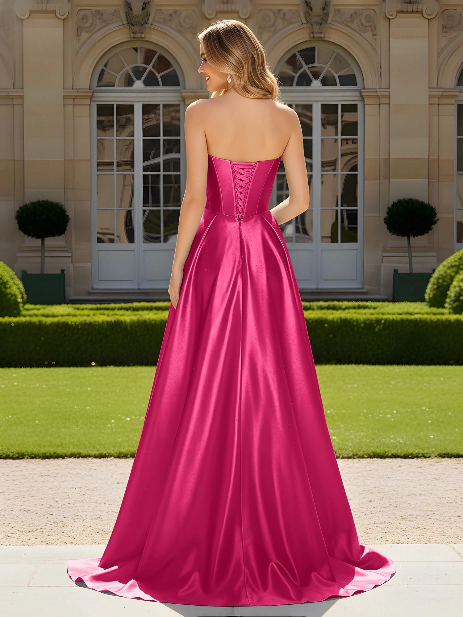 Herzform Plissee Spitzenoberteil Kleid mit Schleppe Fuchsia - Image 2