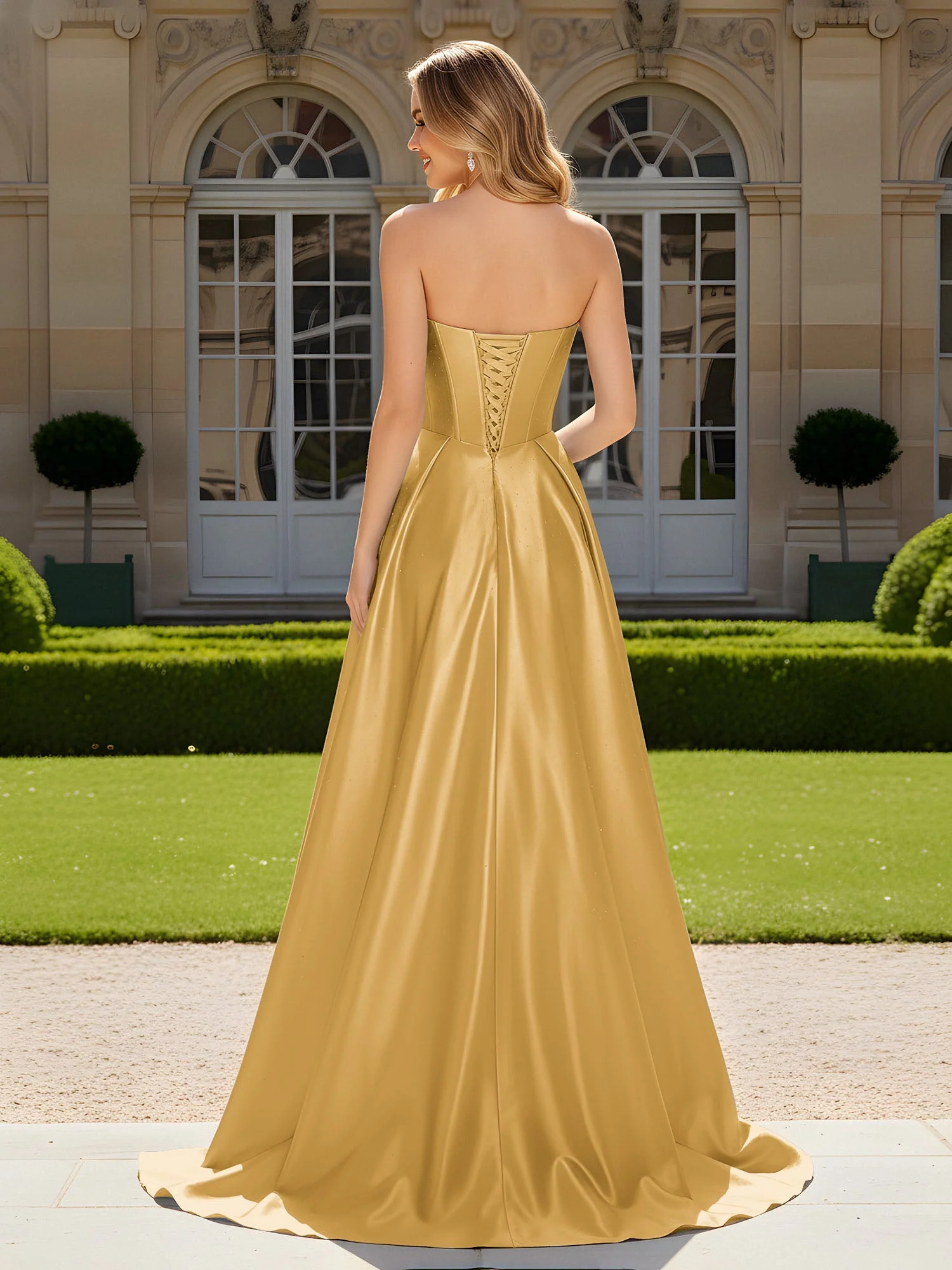 Herzform Plissee Spitzenoberteil Kleid mit Schleppe Gold - Image 2
