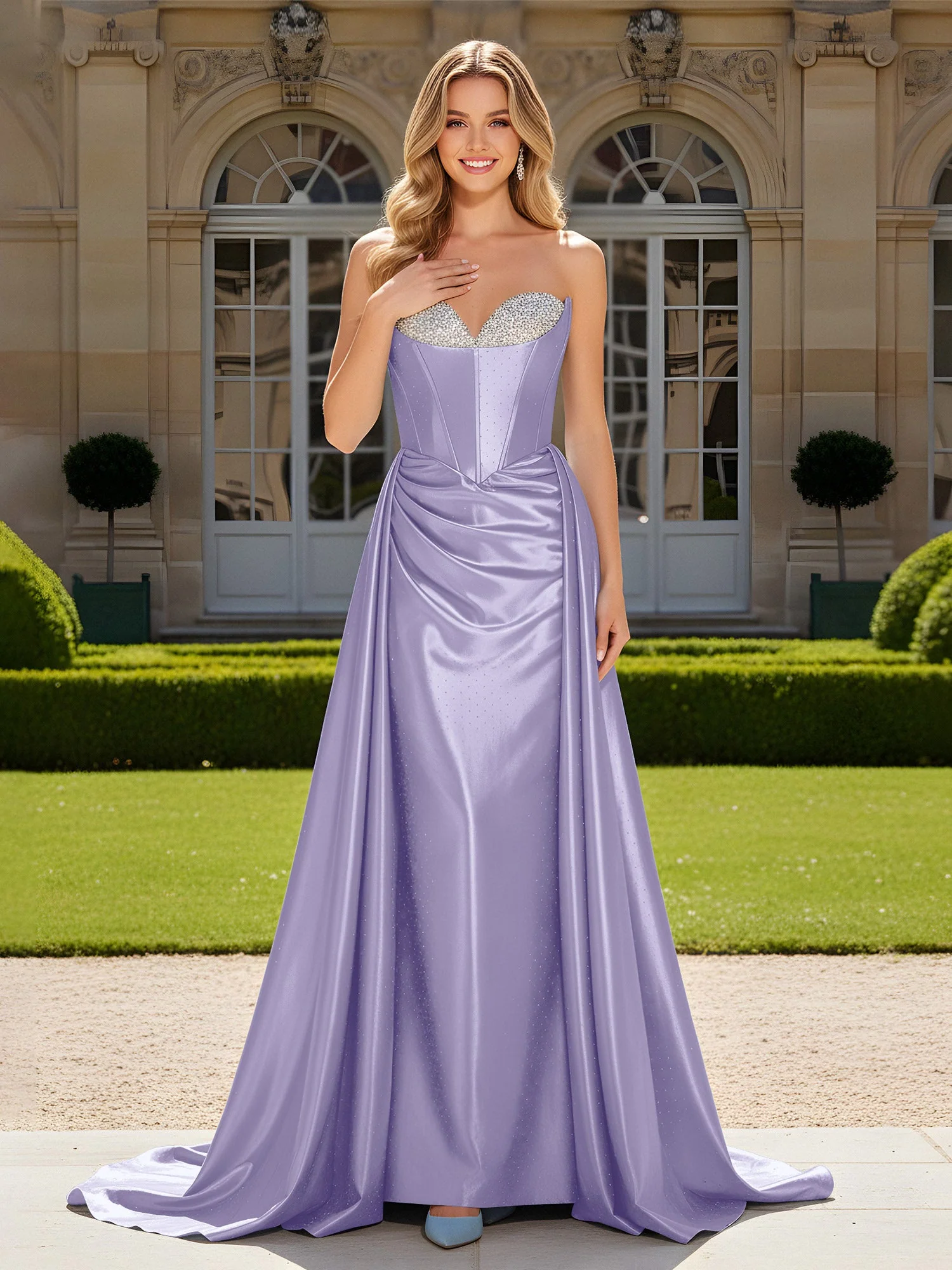 Herzform Plissee Spitzenoberteil Kleid mit Schleppe Lavendel