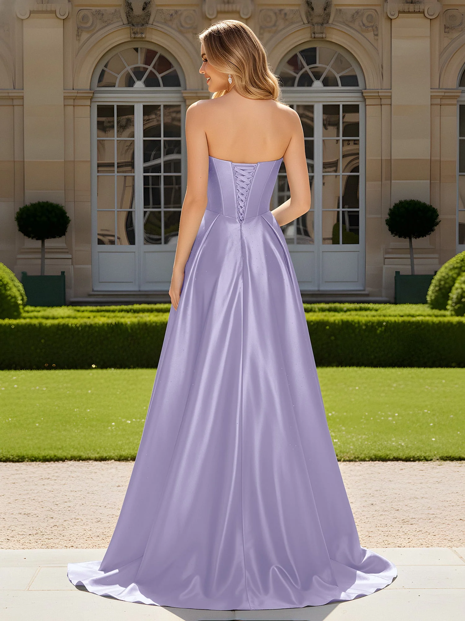 Herzform Plissee Spitzenoberteil Kleid mit Schleppe Lavendel - Image 2
