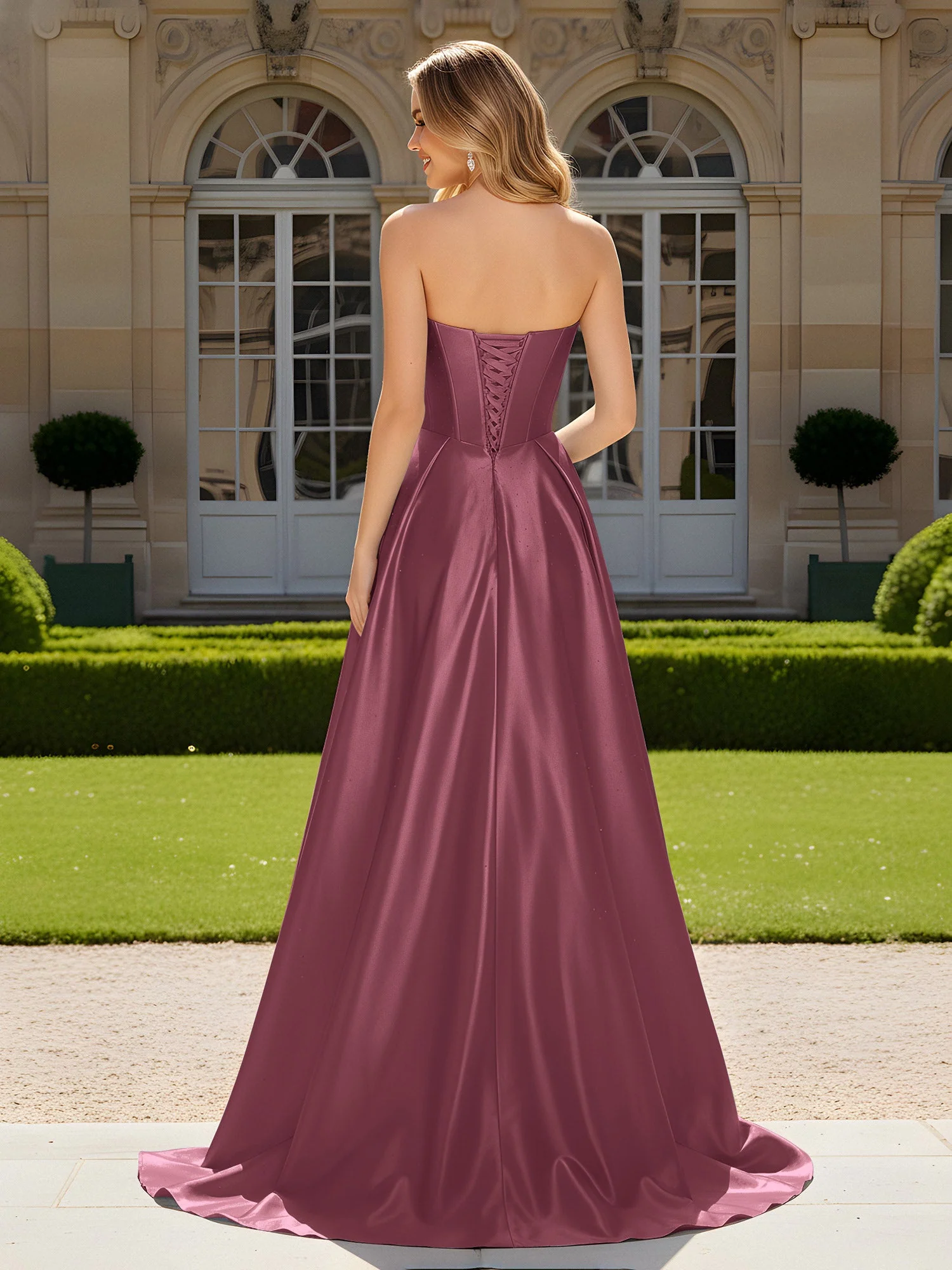 Herzform Plissee Spitzenoberteil Kleid mit Schleppe Maulbeere - Image 2
