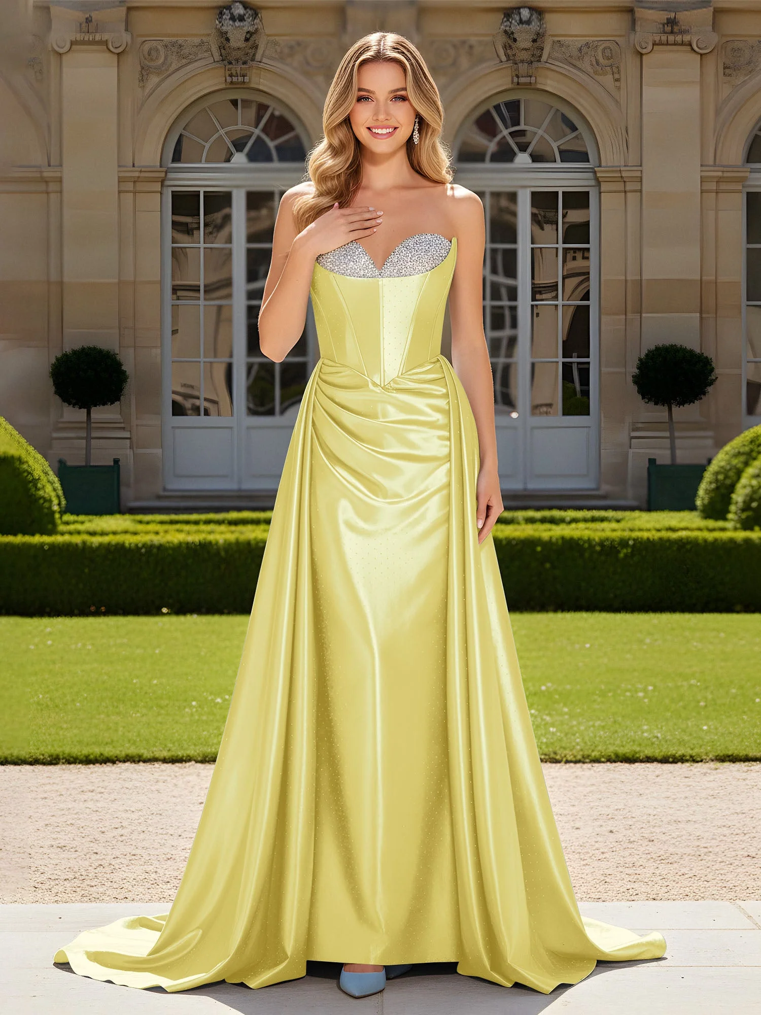 Herzform Plissee Spitzenoberteil Kleid mit Schleppe Narzisse