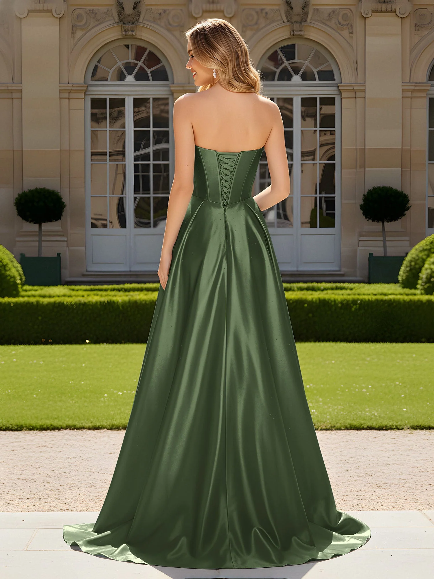 Herzform Plissee Spitzenoberteil Kleid mit Schleppe Olivgrün - Image 2