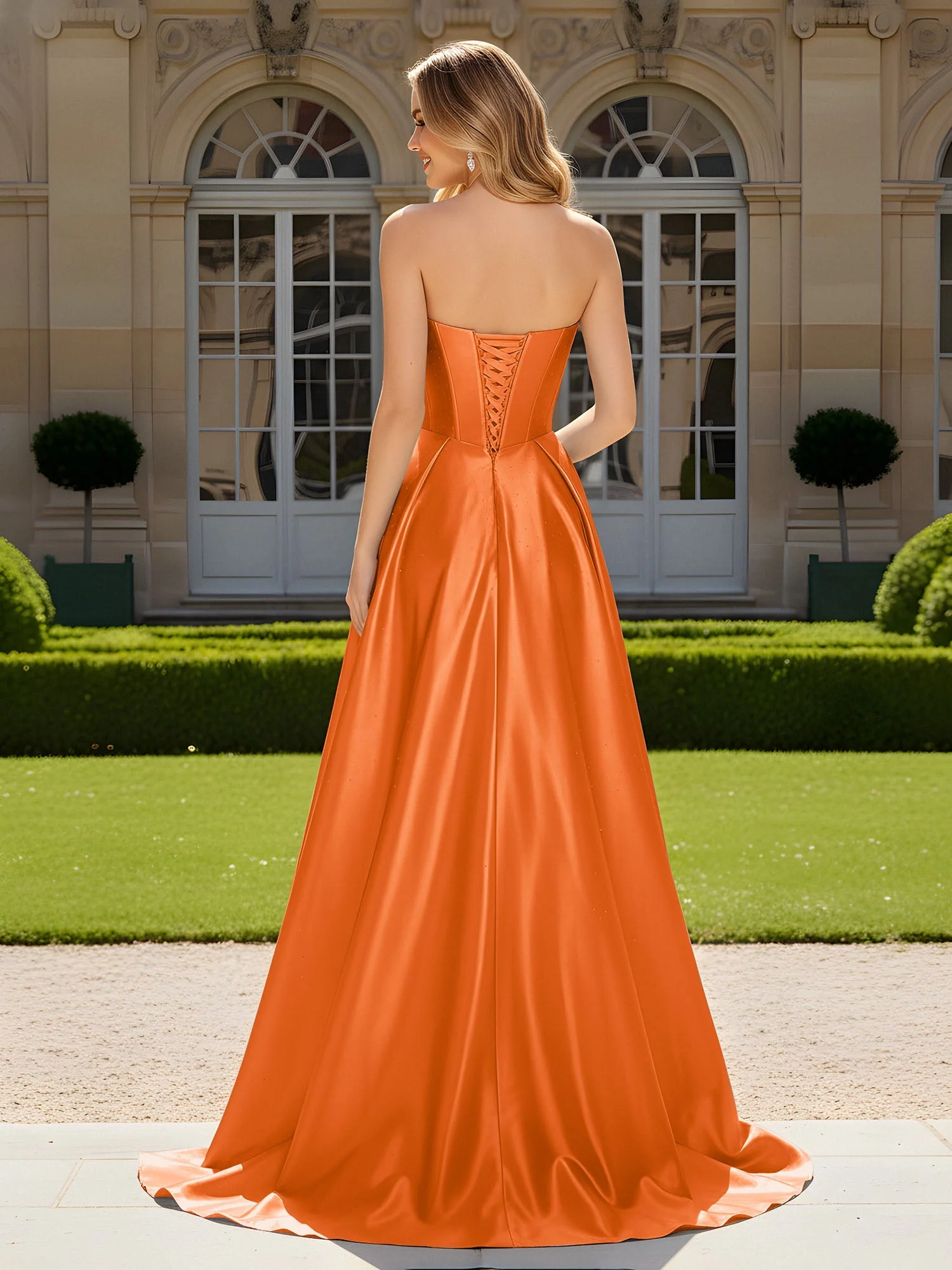 Herzform Plissee Spitzenoberteil Kleid mit Schleppe Orange - Image 2