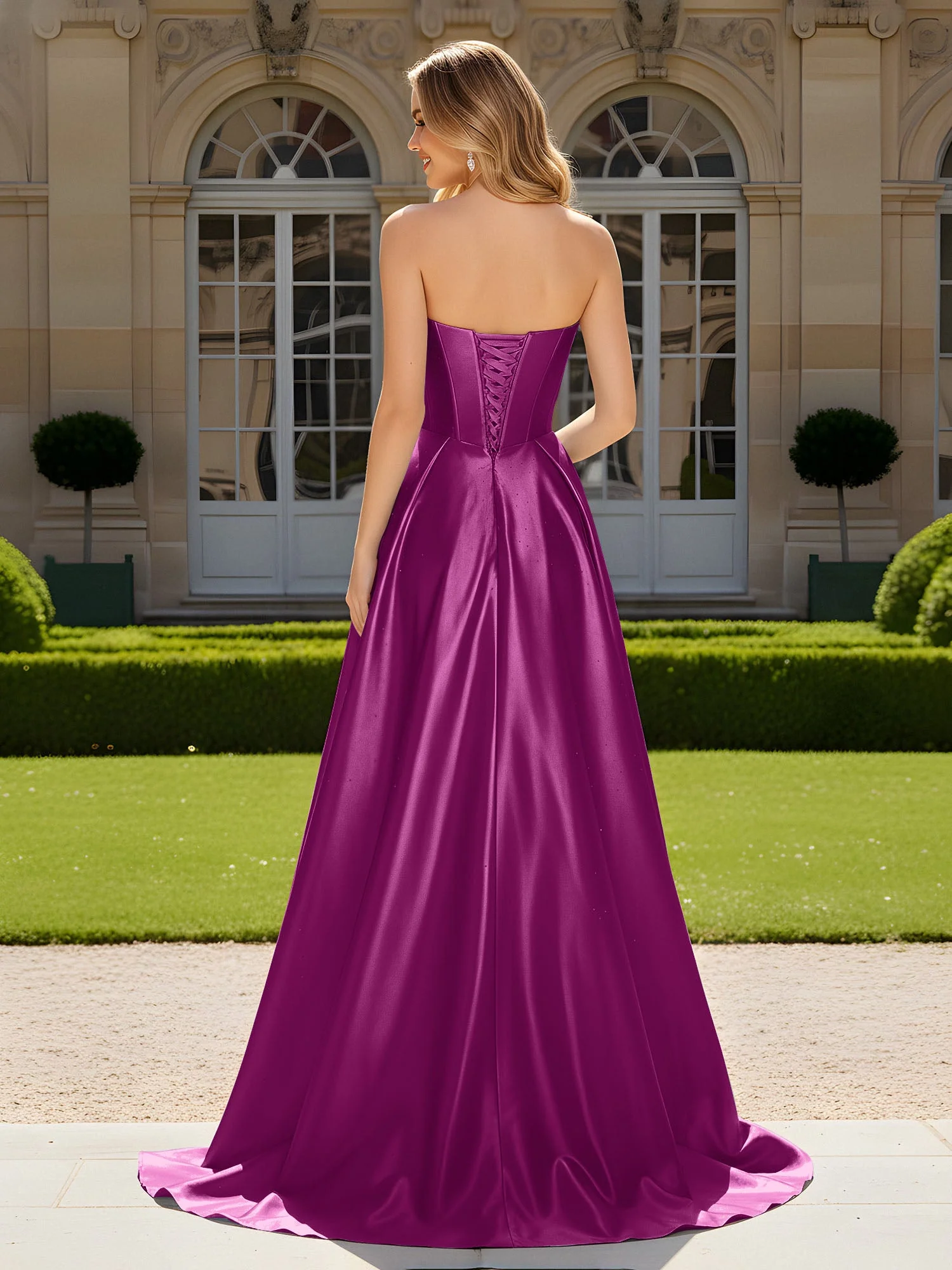Herzform Plissee Spitzenoberteil Kleid mit Schleppe Orchidee - Image 2
