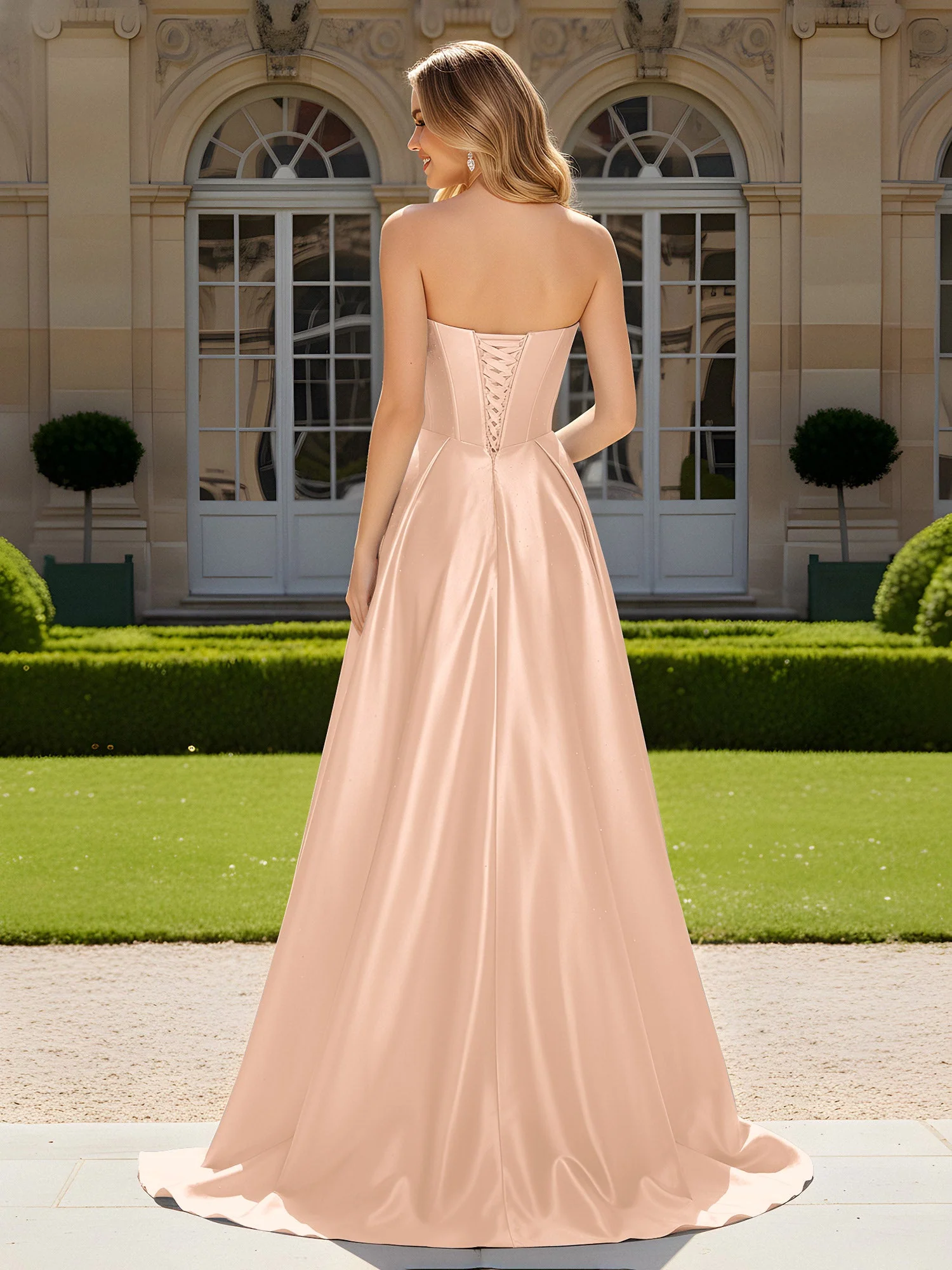 Herzform Plissee Spitzenoberteil Kleid mit Schleppe Pfirsich - Image 2