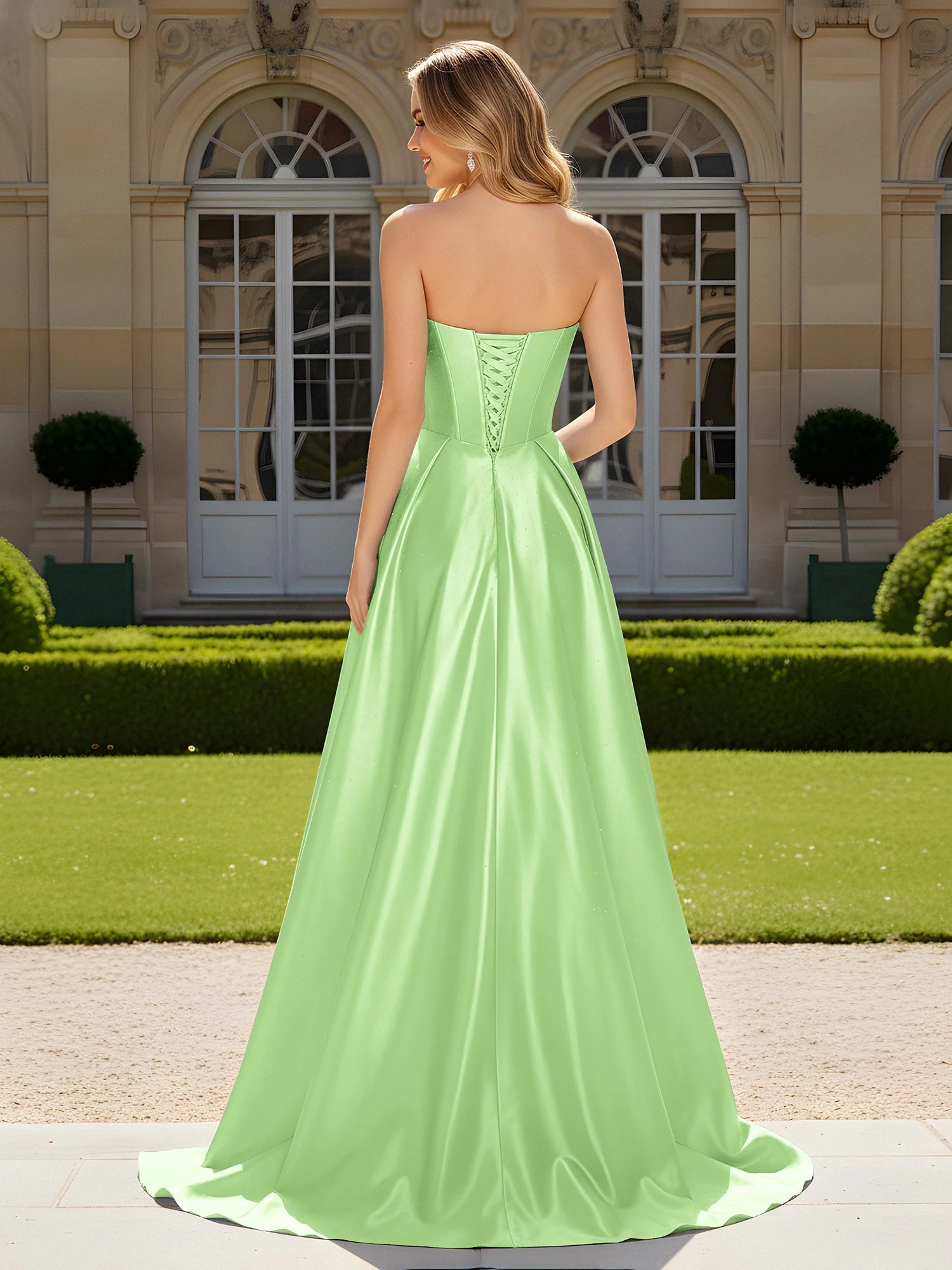 Herzform Plissee Spitzenoberteil Kleid mit Schleppe Salbei - Image 2