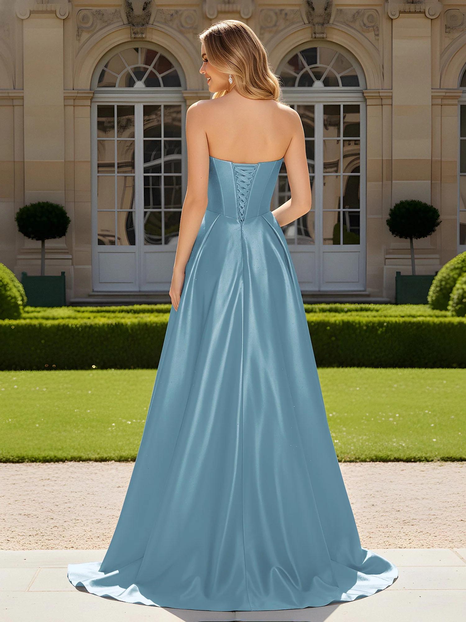 Herzform Plissee Spitzenoberteil Kleid mit Schleppe Schiefer Blau - Image 2