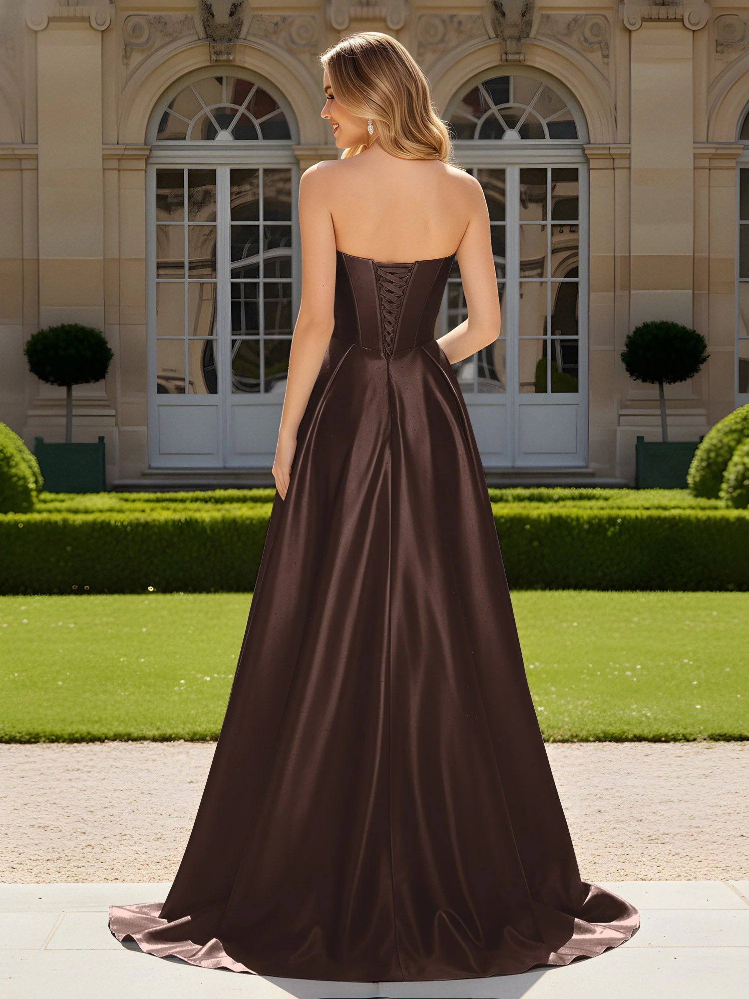Herzform Plissee Spitzenoberteil Kleid mit Schleppe Schokolade - Image 2