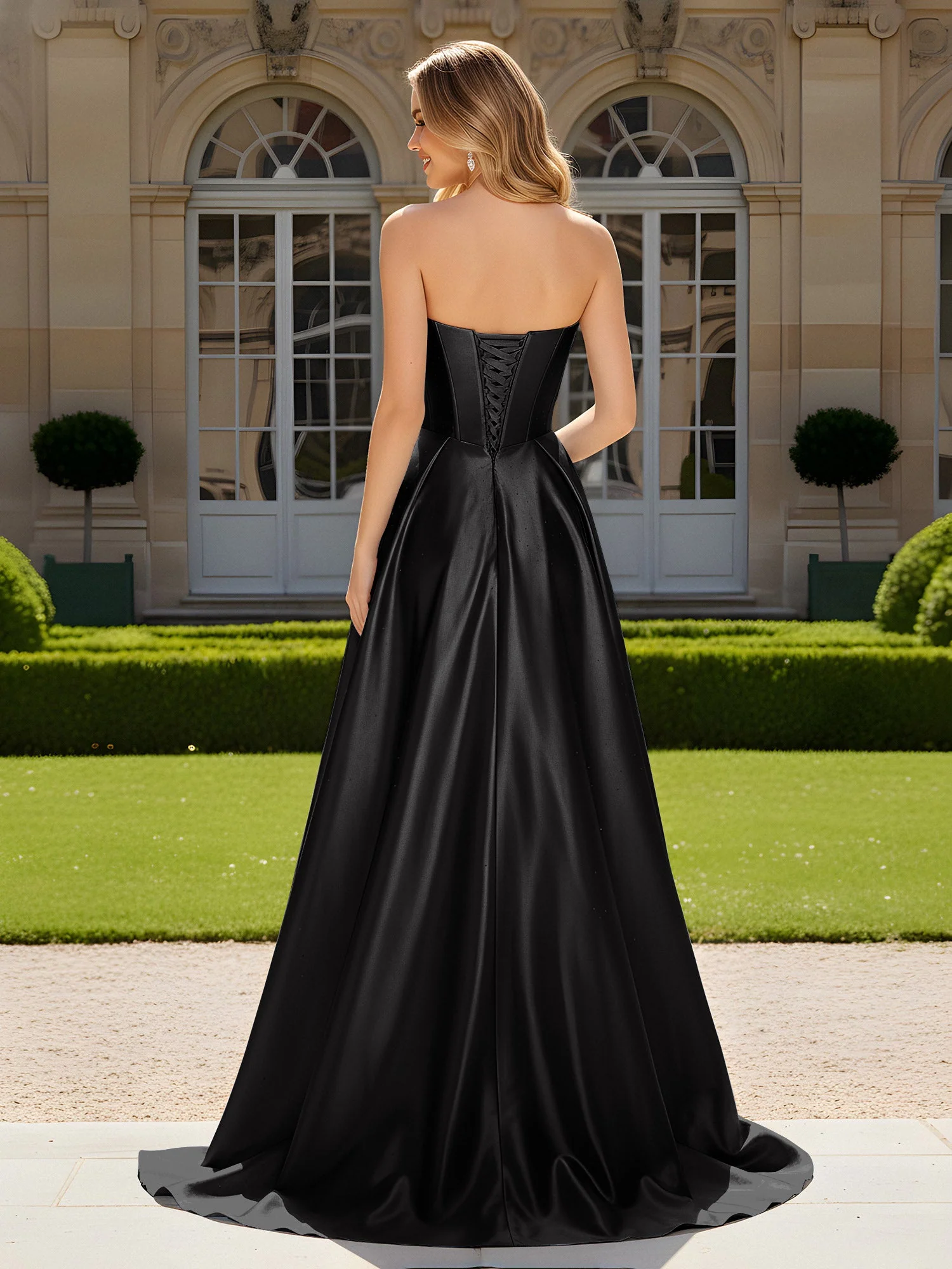 Herzform Plissee Spitzenoberteil Kleid mit Schleppe Schwarz - Image 2