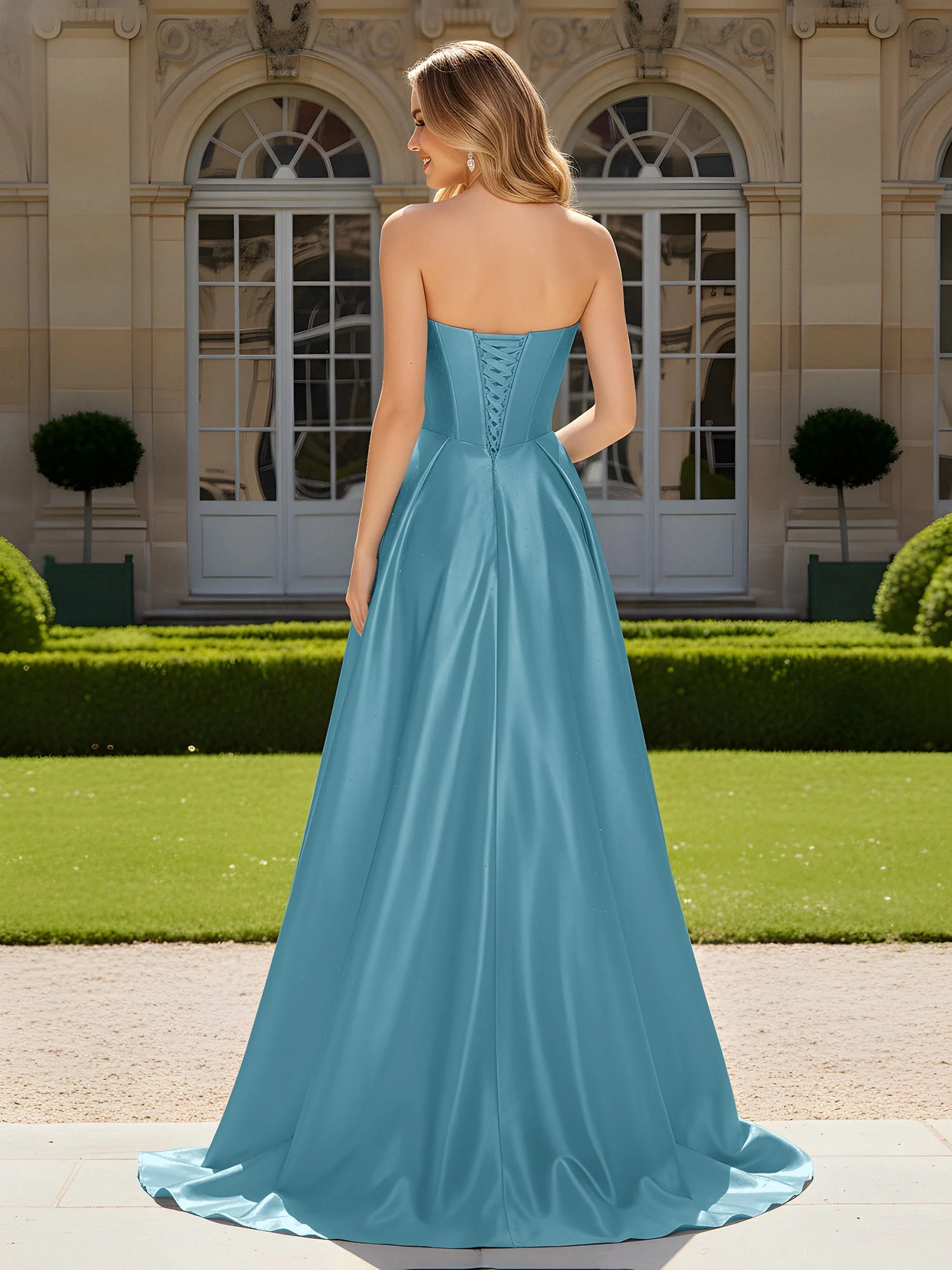 Herzform Plissee Spitzenoberteil Kleid mit Schleppe Schwimmbadblau - Image 2