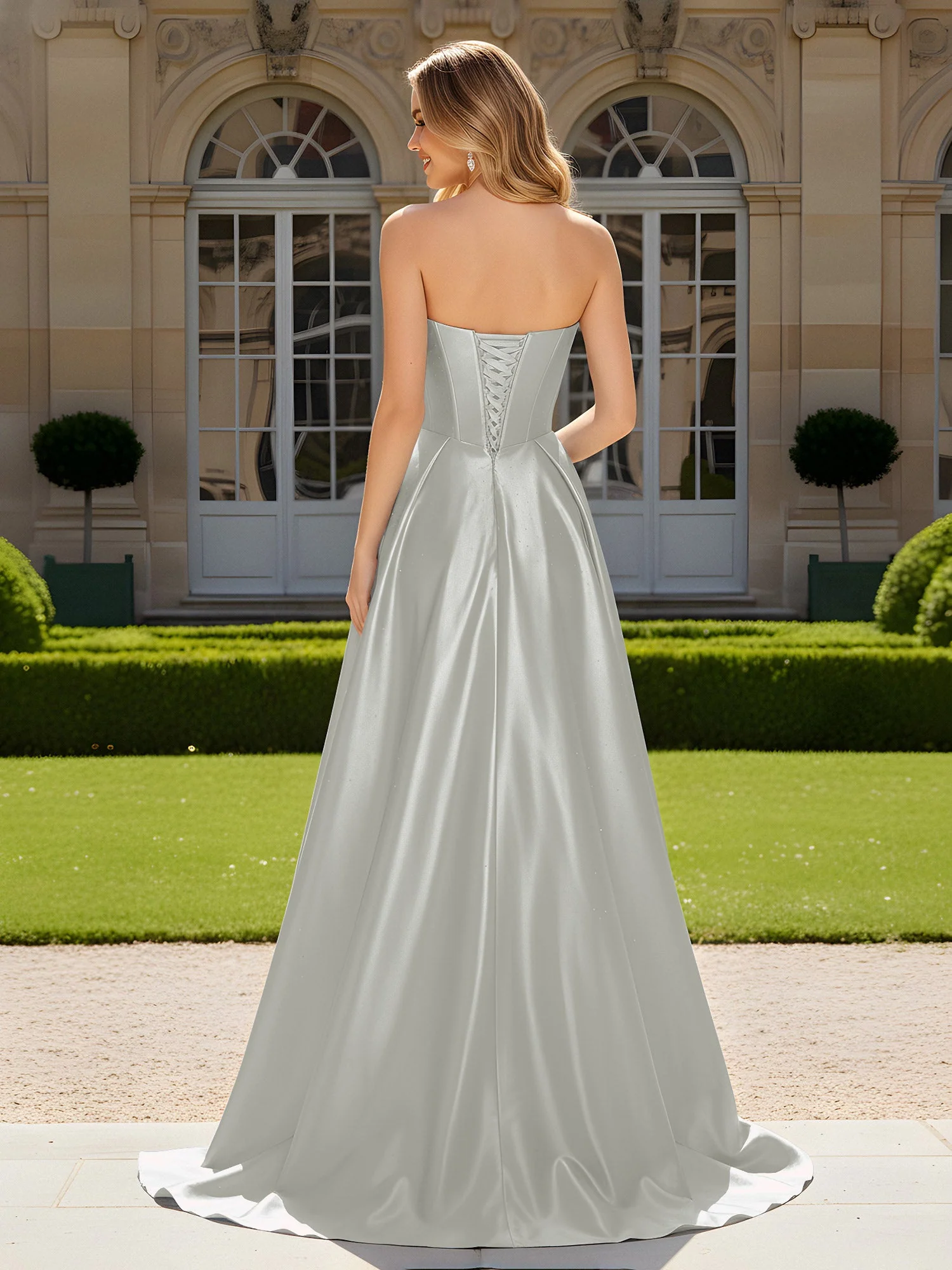 Herzform Plissee Spitzenoberteil Kleid mit Schleppe Silber - Image 2