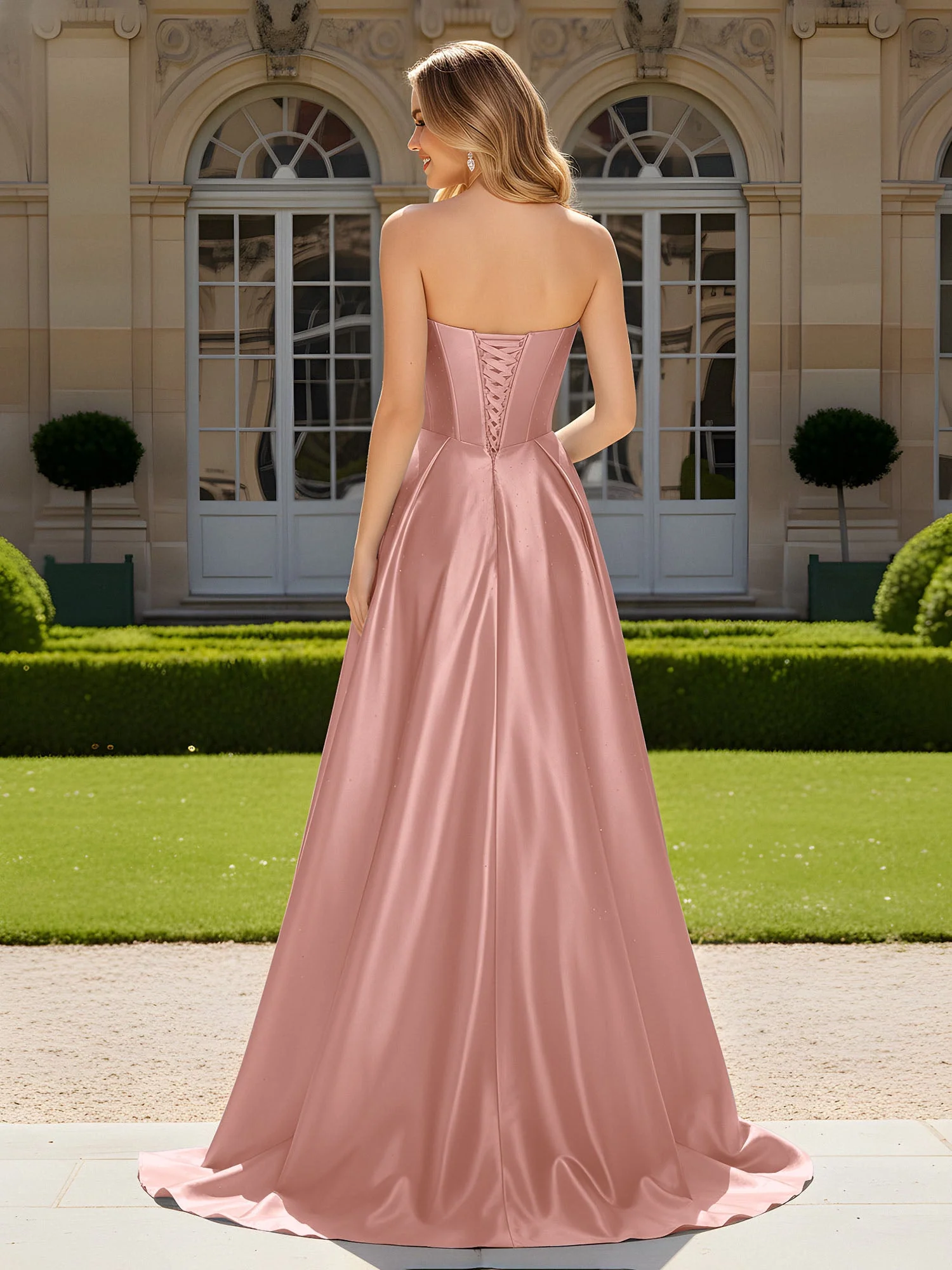 Herzform Plissee Spitzenoberteil Kleid mit Schleppe Staubige Rosa - Image 2