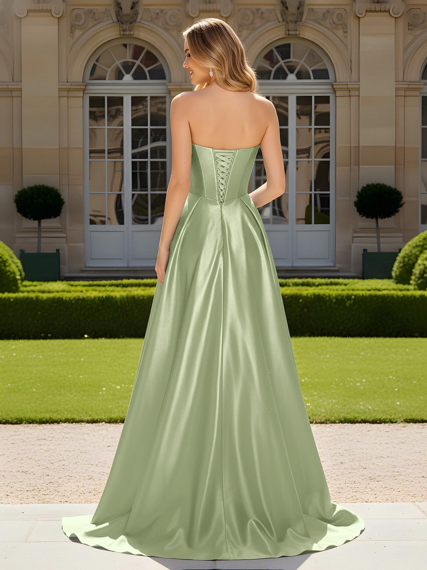 Herzform Plissee Spitzenoberteil Kleid mit Schleppe Staubiges Salbei - Image 2