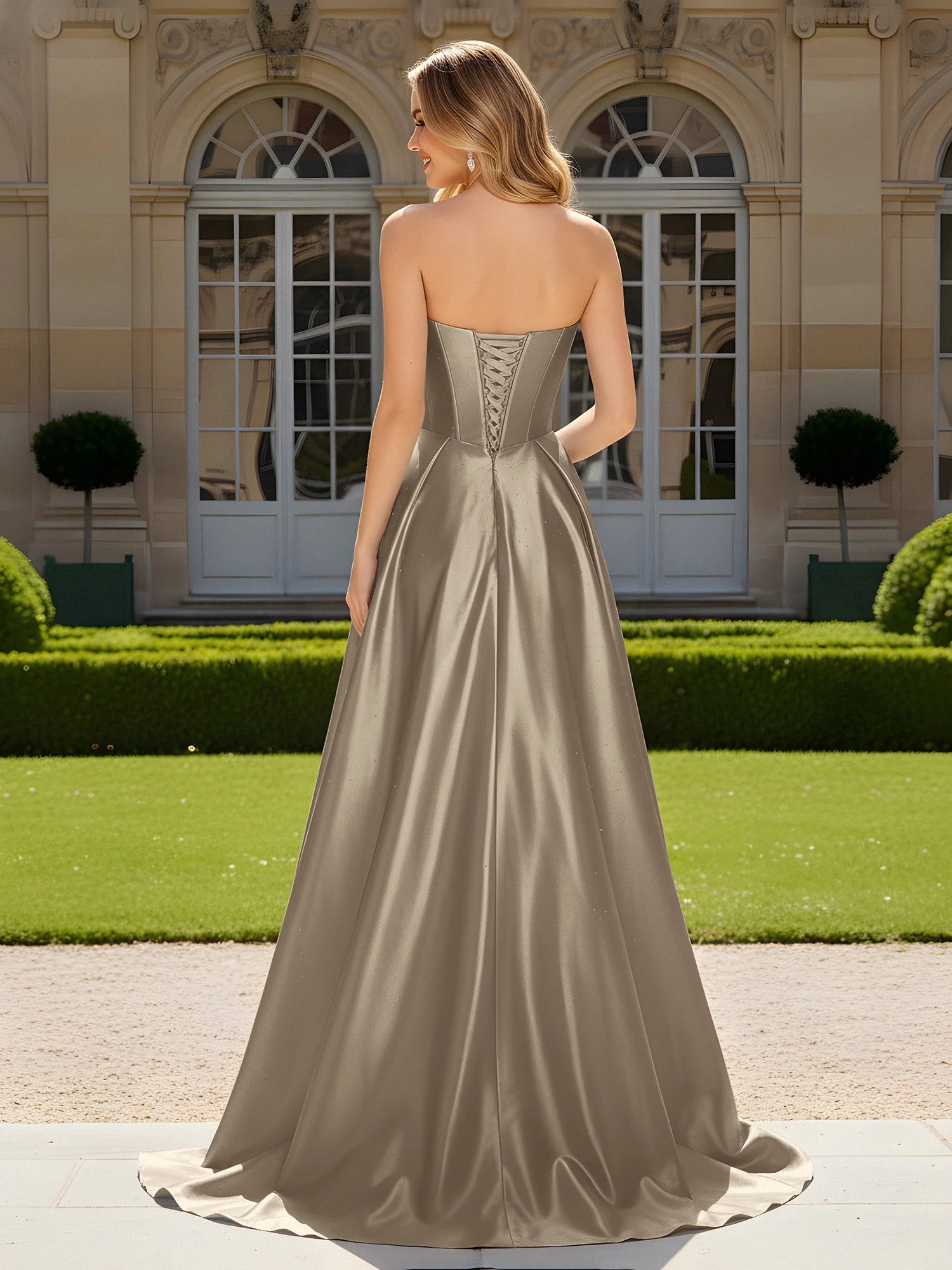 Herzform Plissee Spitzenoberteil Kleid mit Schleppe Taupe - Image 2
