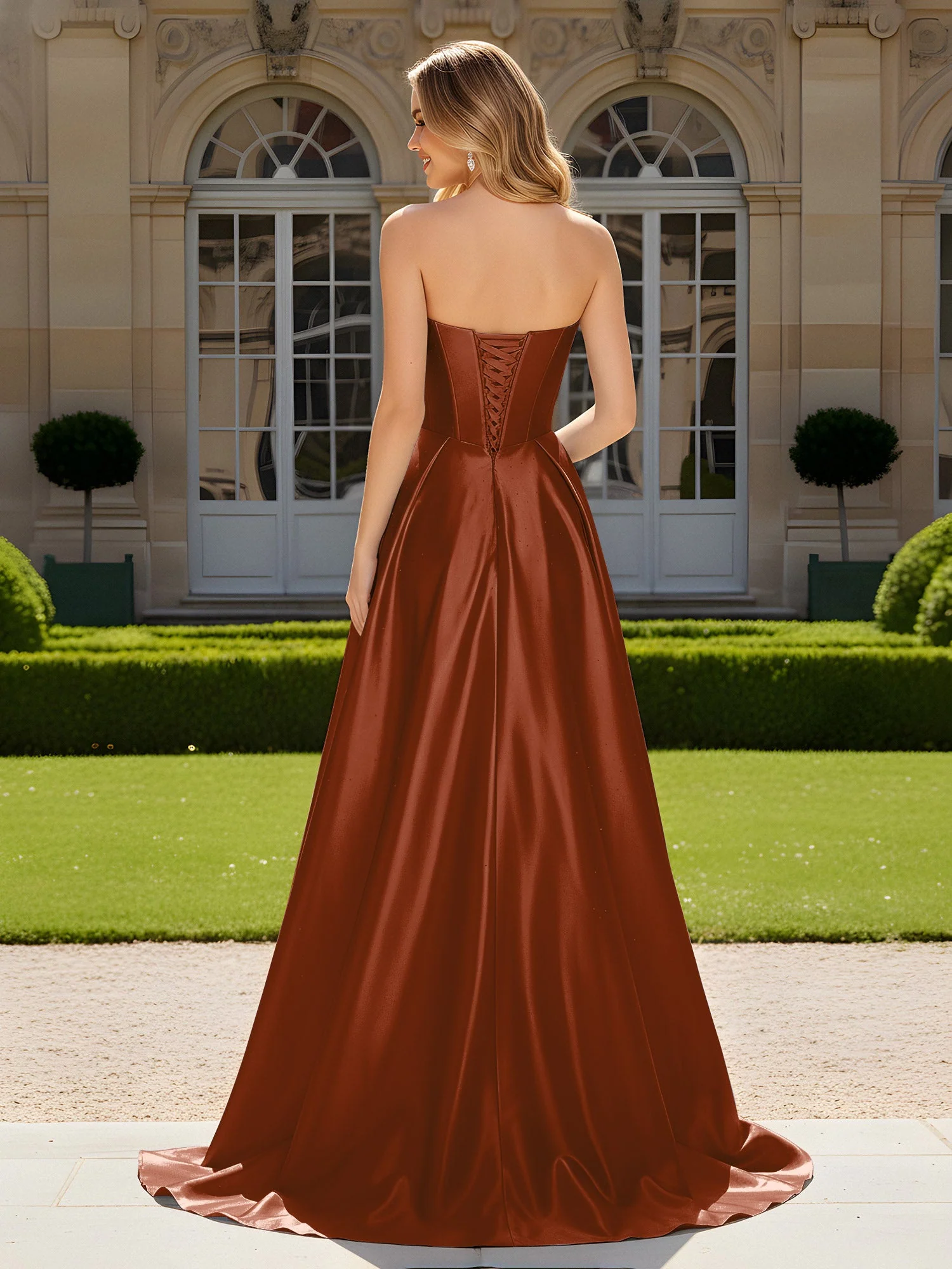 Herzform Plissee Spitzenoberteil Kleid mit Schleppe Terrakotta - Image 2