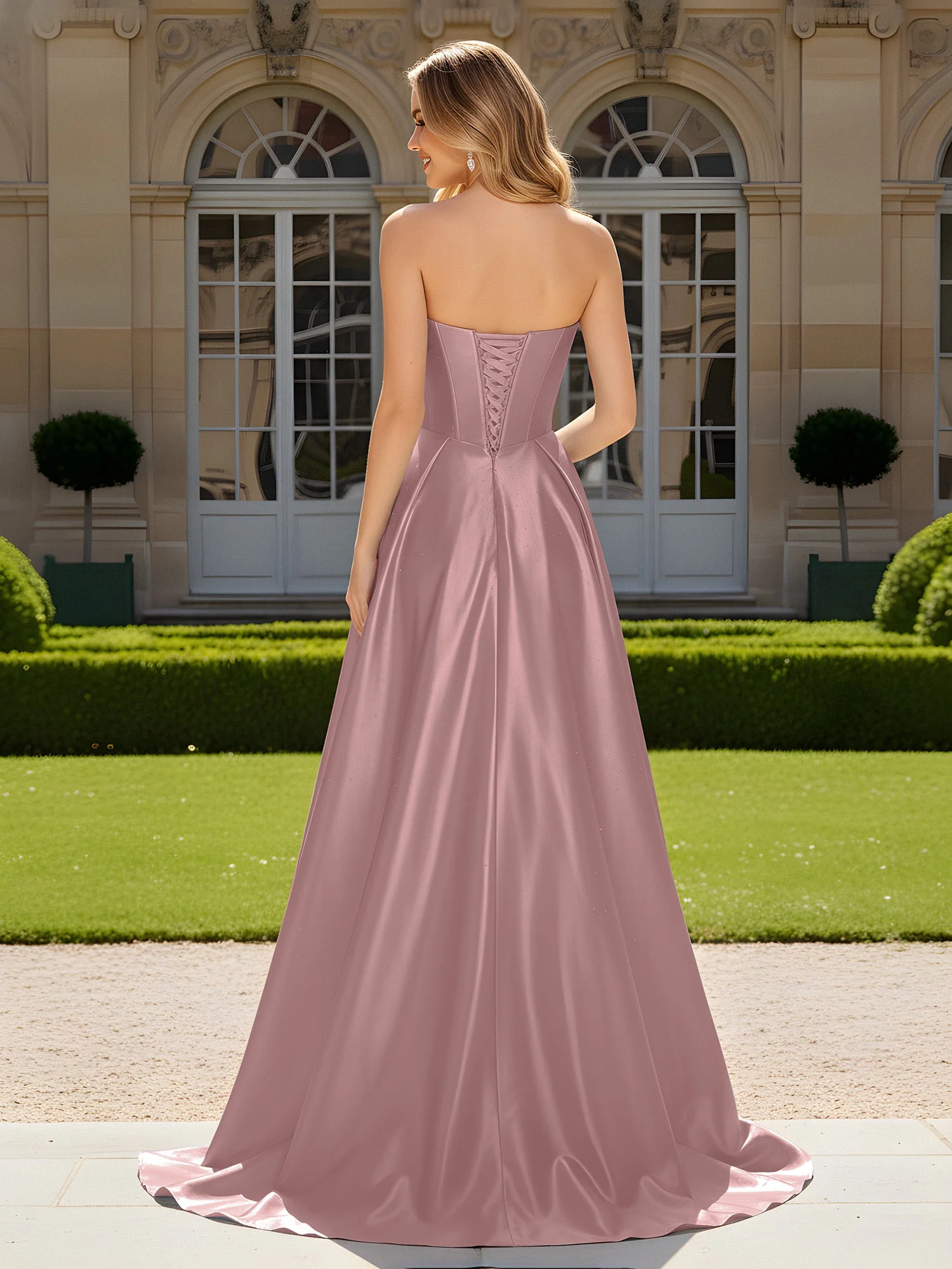 Herzform Plissee Spitzenoberteil Kleid mit Schleppe Vintage Mauve - Image 2