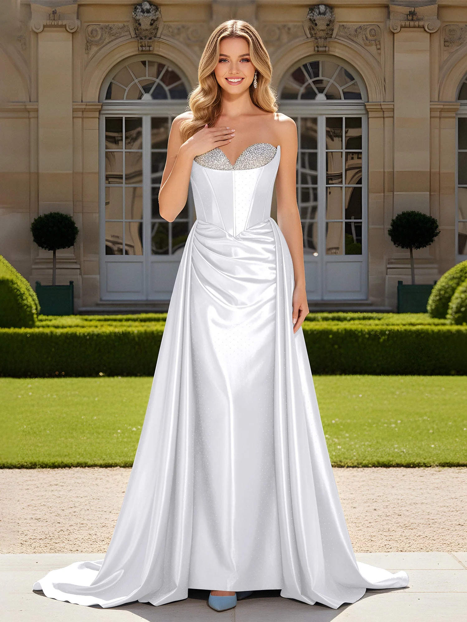 Herzform Plissee Spitzenoberteil Kleid mit Schleppe Weiß