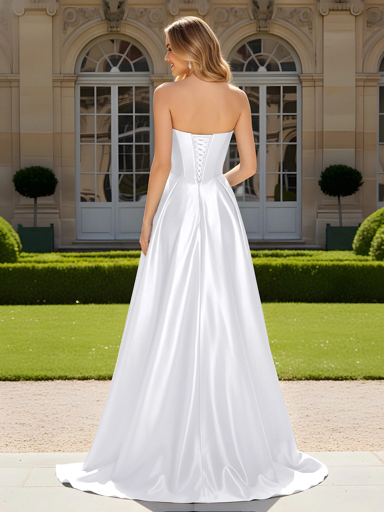 Herzform Plissee Spitzenoberteil Kleid mit Schleppe Weiß - Image 2