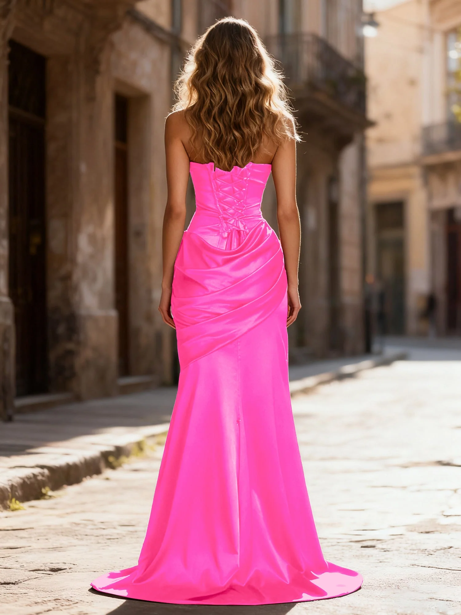 Trägerlos Gerafft Meerjungfrau Kleid Mit Halsband Fuchsia - Image 2