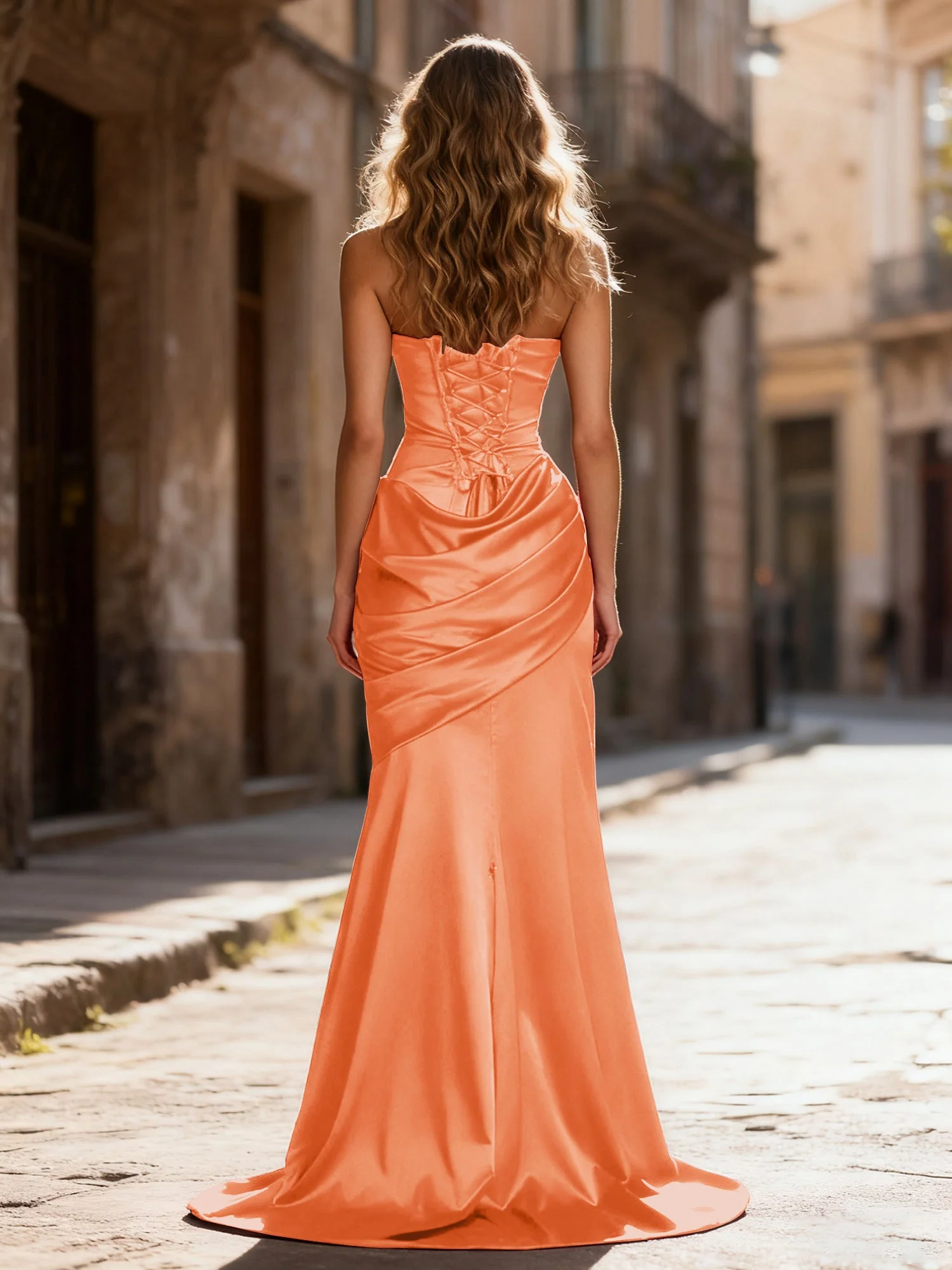 Trägerlos Gerafft Meerjungfrau Kleid Mit Halsband Gebrannte Orange - Image 2