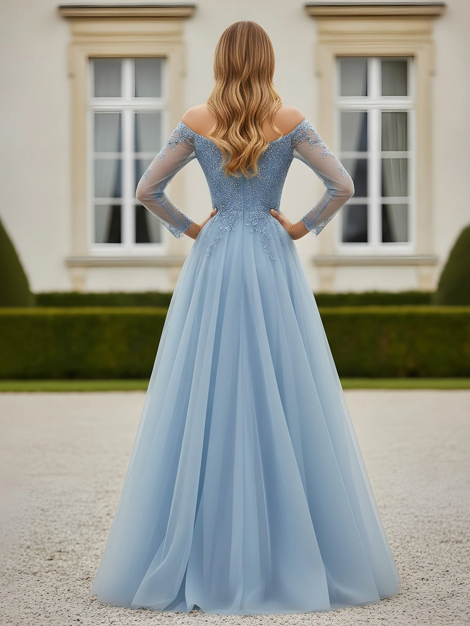 A-Linie Applique Schulterfrei Tüll Kleid mit Schlitz Koralle - Image 2