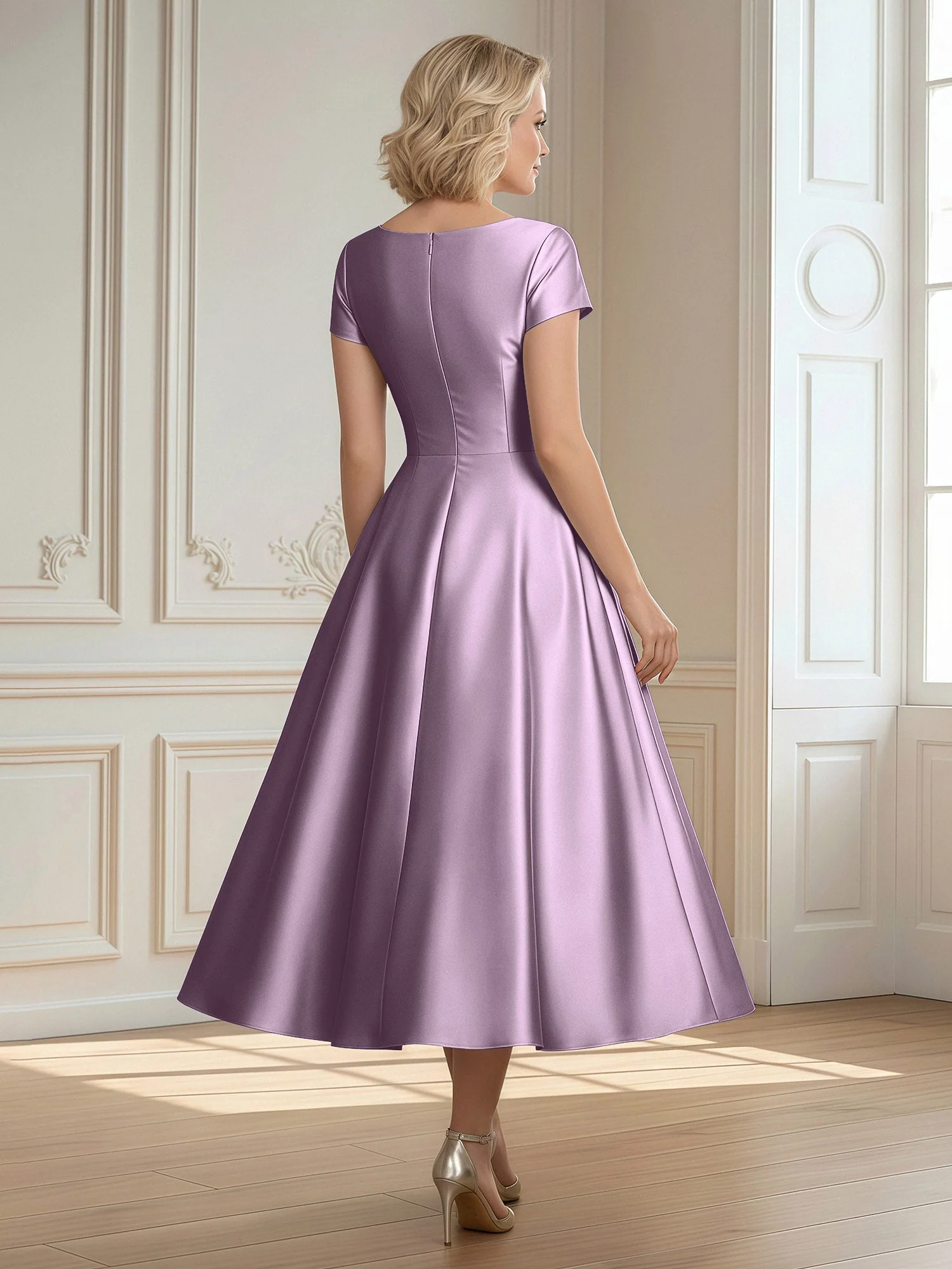 A-Linie Schaufel Satin Wadenlang Kleid mit Plissee Blauregen - Image 2