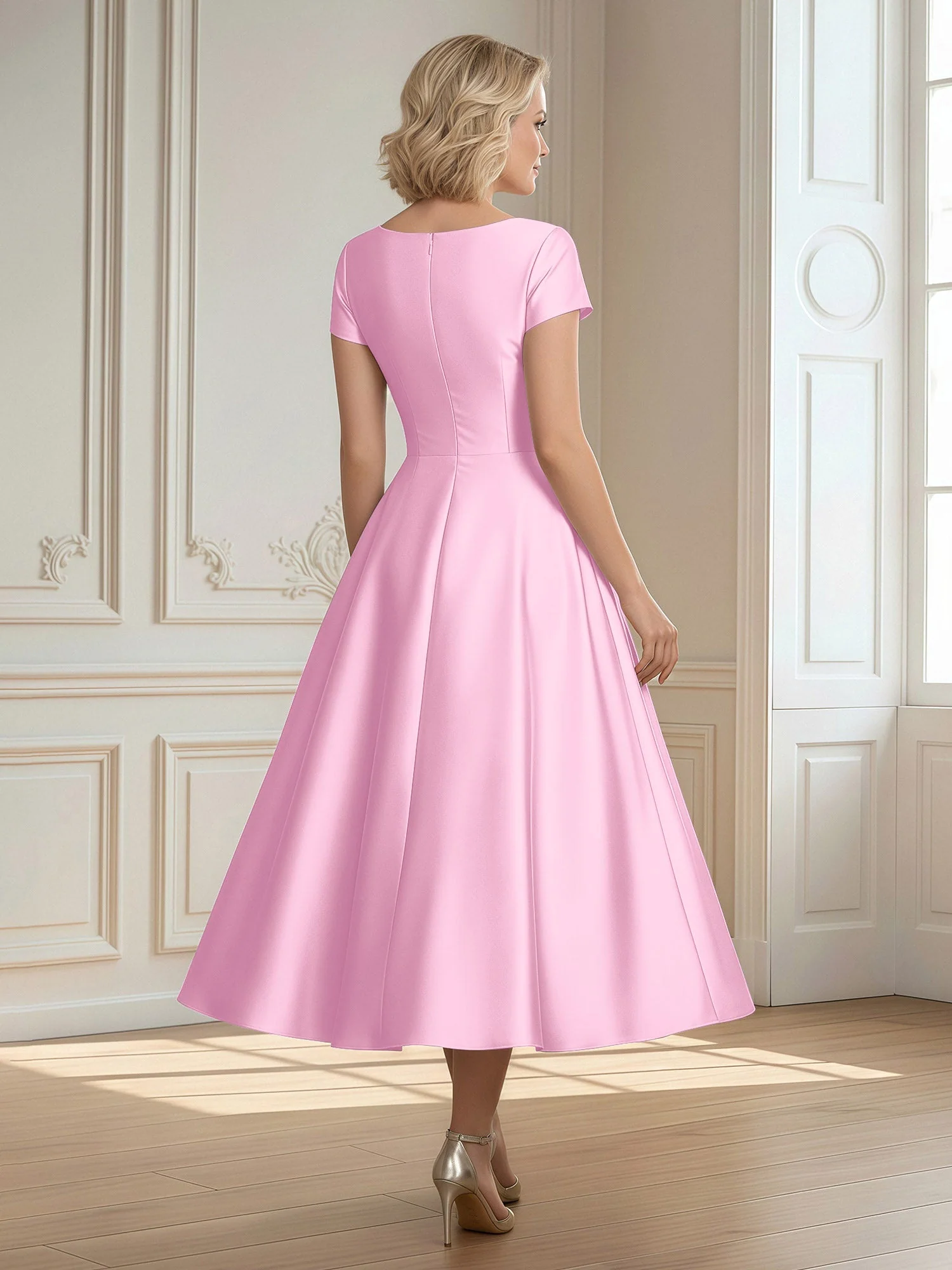 A-Linie Schaufel Satin Wadenlang Kleid mit Plissee Bonbonrosa - Image 2