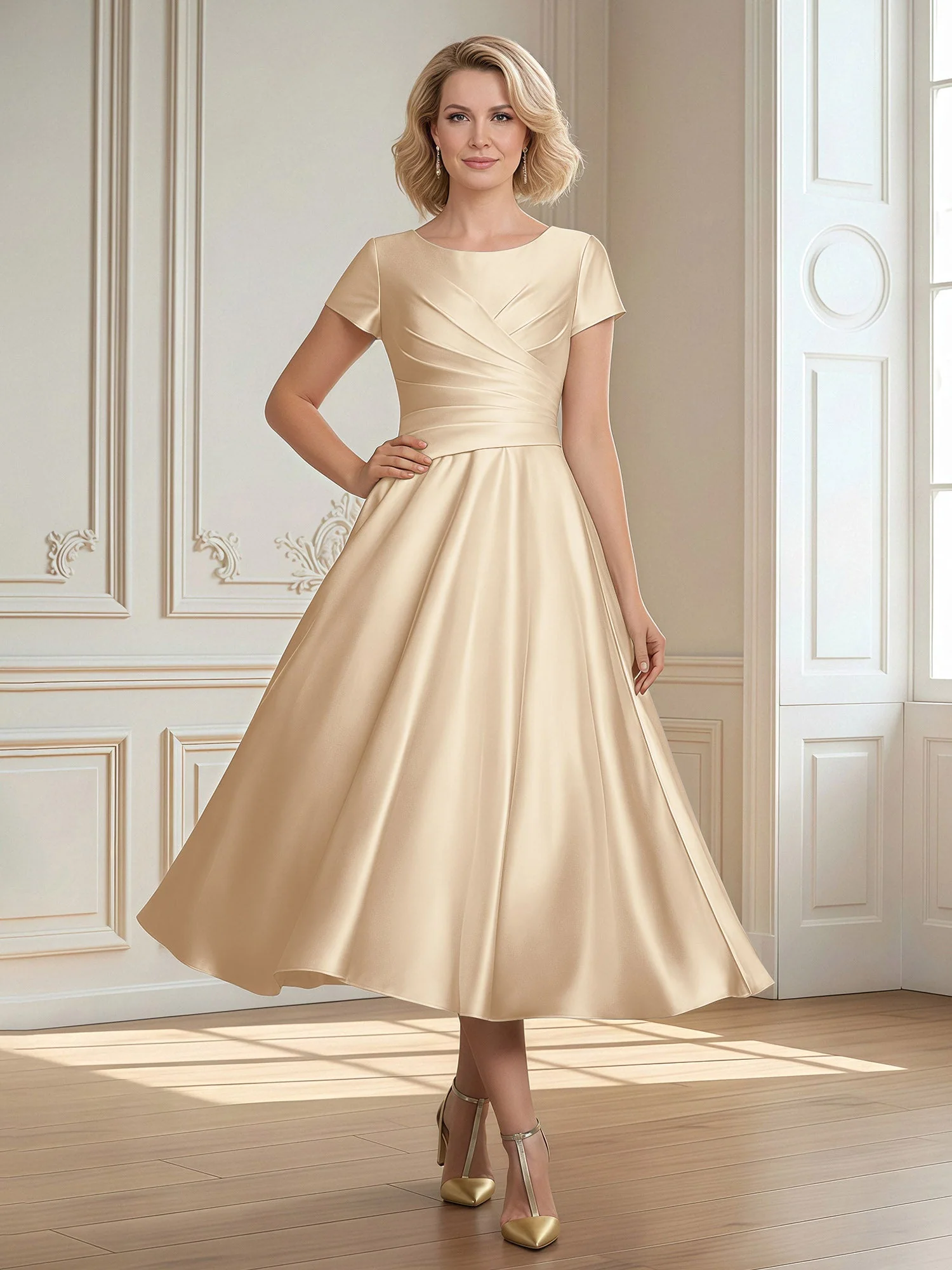 A-Linie Schaufel Satin Wadenlang Kleid mit Plissee Champagner