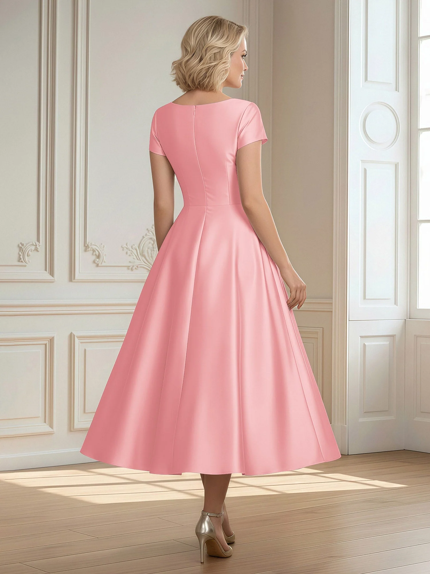 A-Linie Schaufel Satin Wadenlang Kleid mit Plissee Flamingo - Image 2