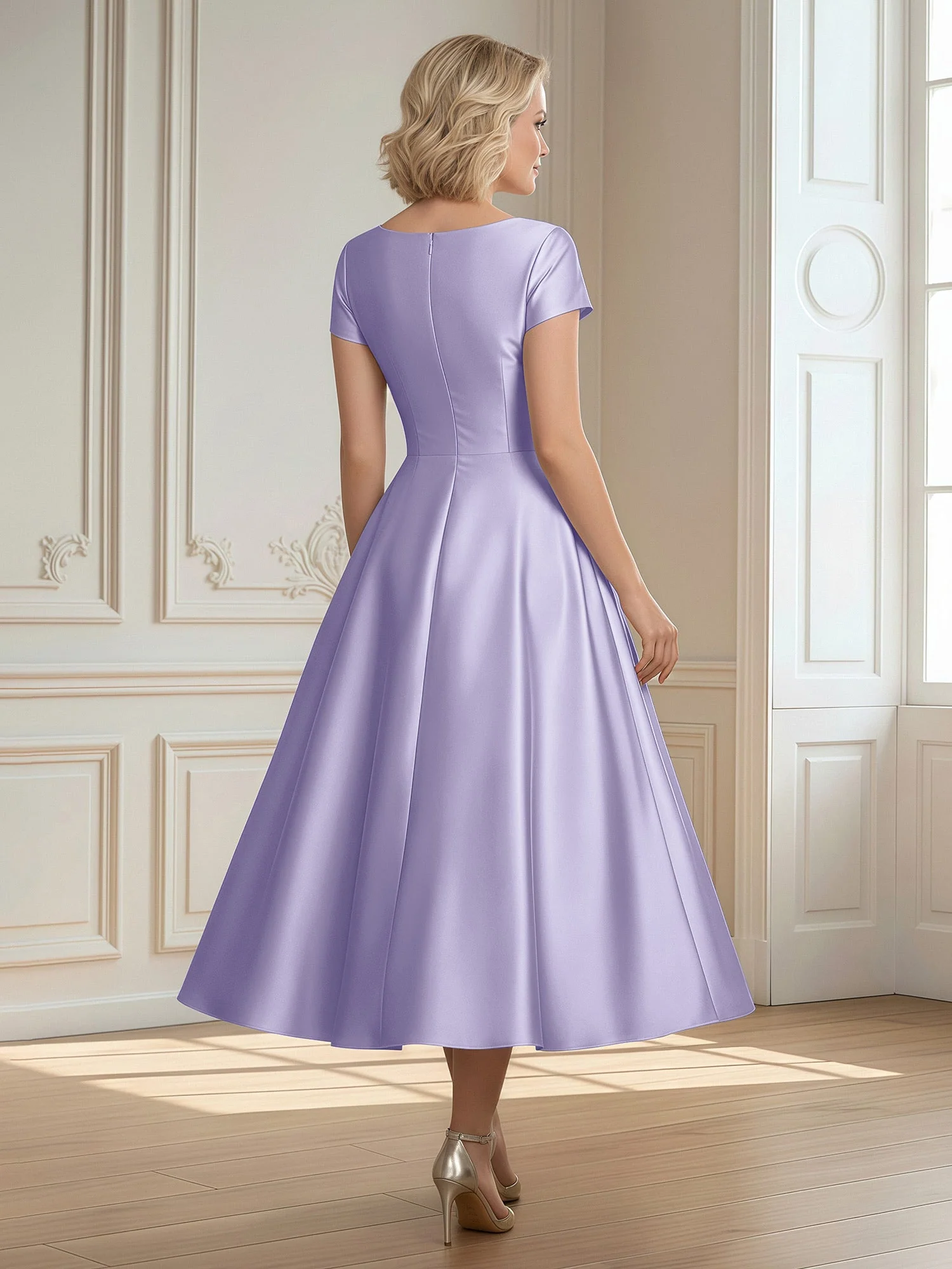 A-Linie Schaufel Satin Wadenlang Kleid mit Plissee Lavendel - Image 2