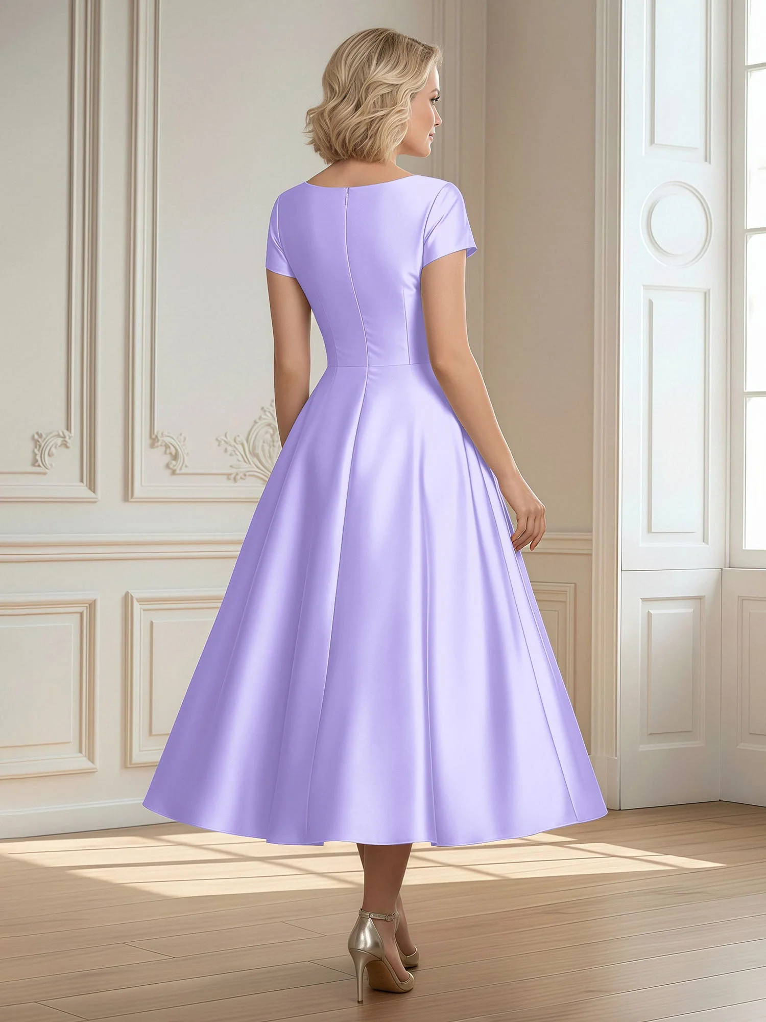 A-Linie Schaufel Satin Wadenlang Kleid mit Plissee Lila - Image 2