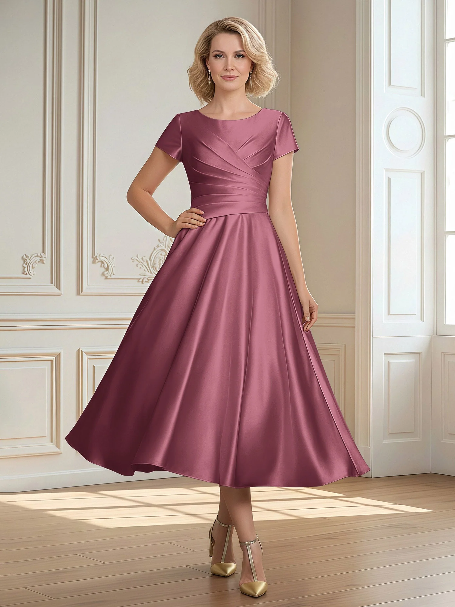 A-Linie Schaufel Satin Wadenlang Kleid mit Plissee Maulbeere