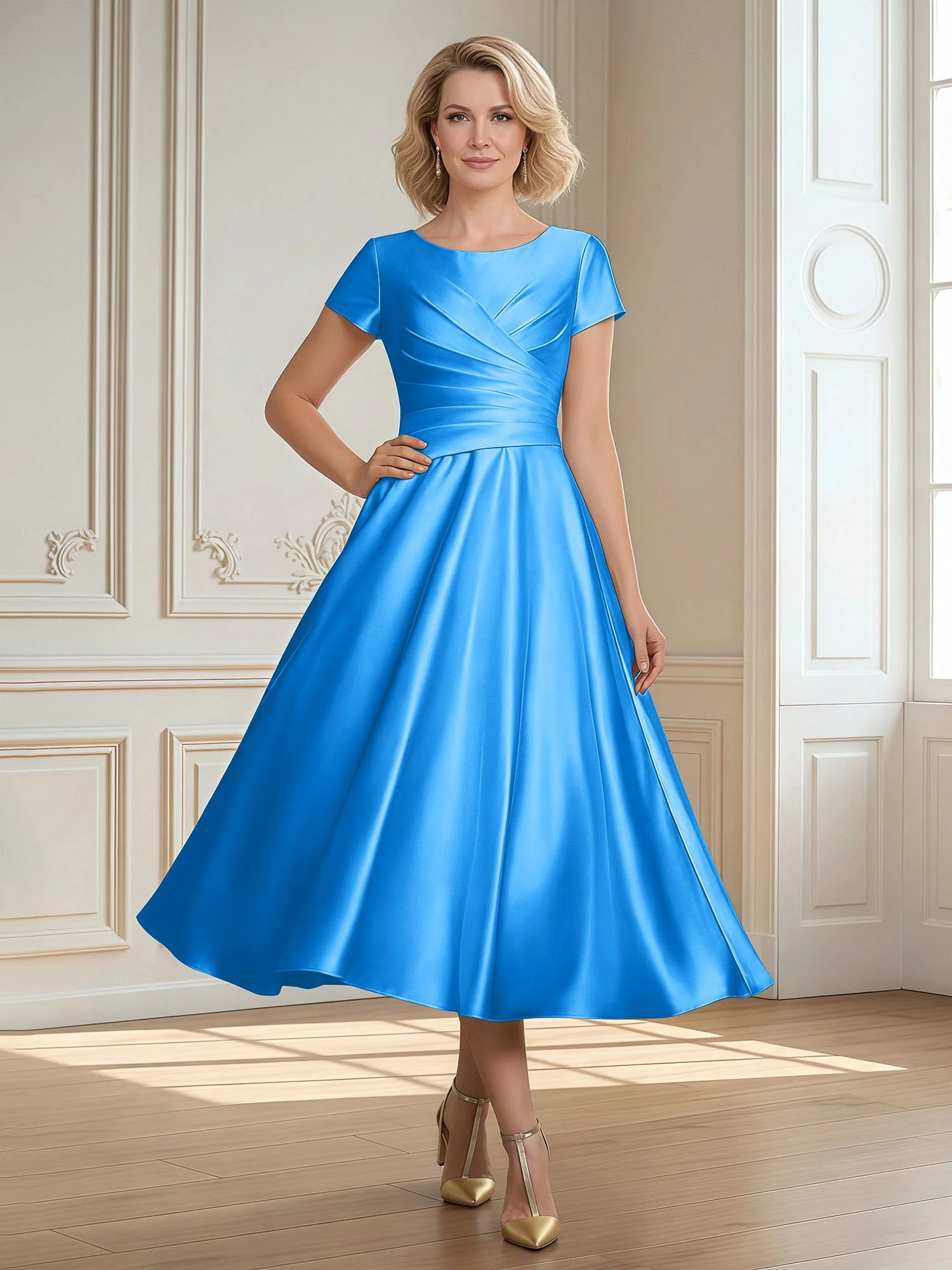 A-Linie Schaufel Satin Wadenlang Kleid mit Plissee Meerblau