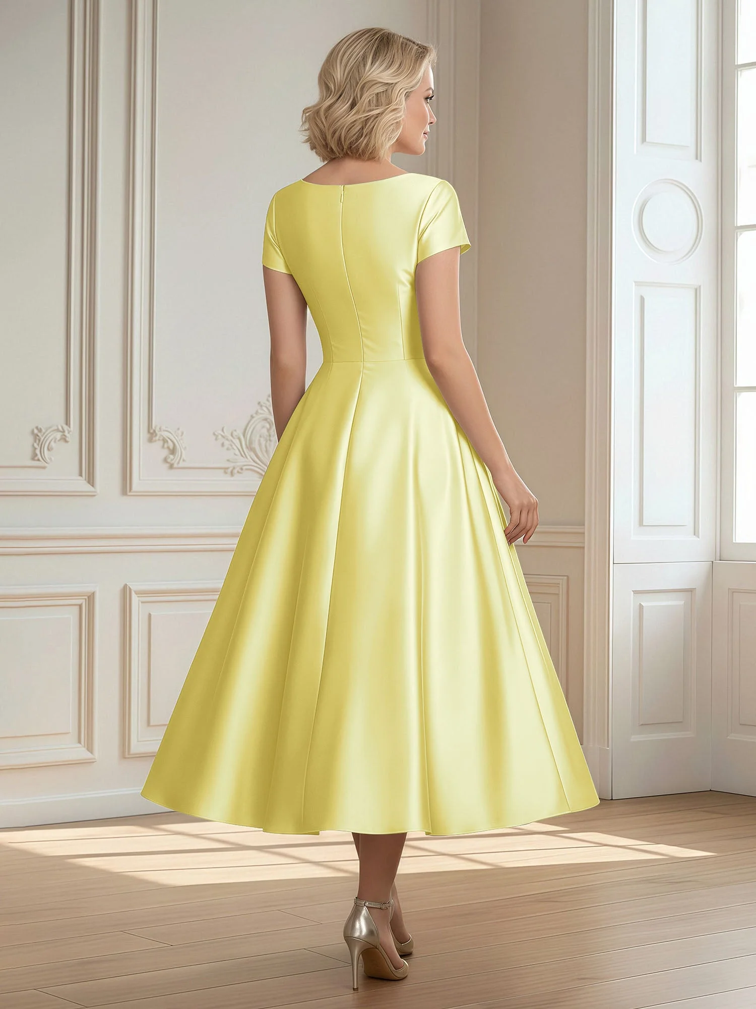 A-Linie Schaufel Satin Wadenlang Kleid mit Plissee Narzisse - Image 2