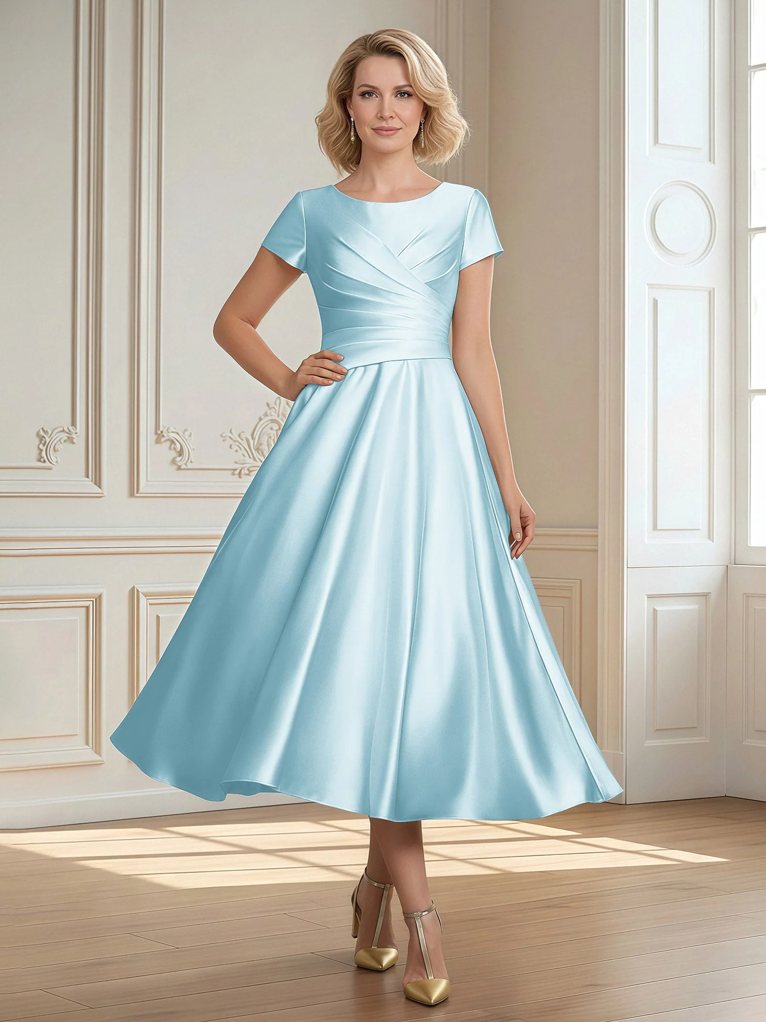 A-Linie Schaufel Satin Wadenlang Kleid mit Plissee Nebel
