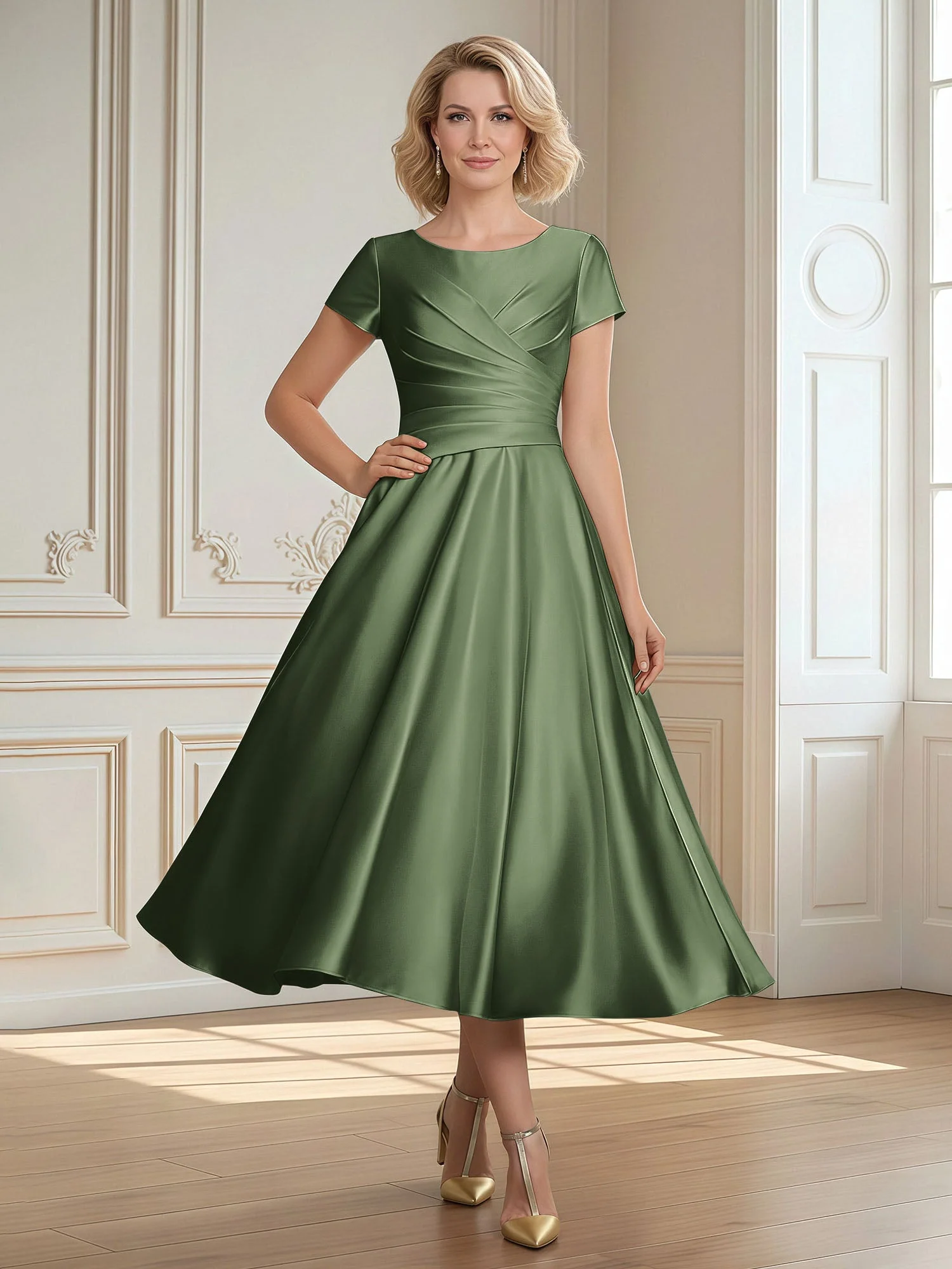 A-Linie Schaufel Satin Wadenlang Kleid mit Plissee Olivgrün