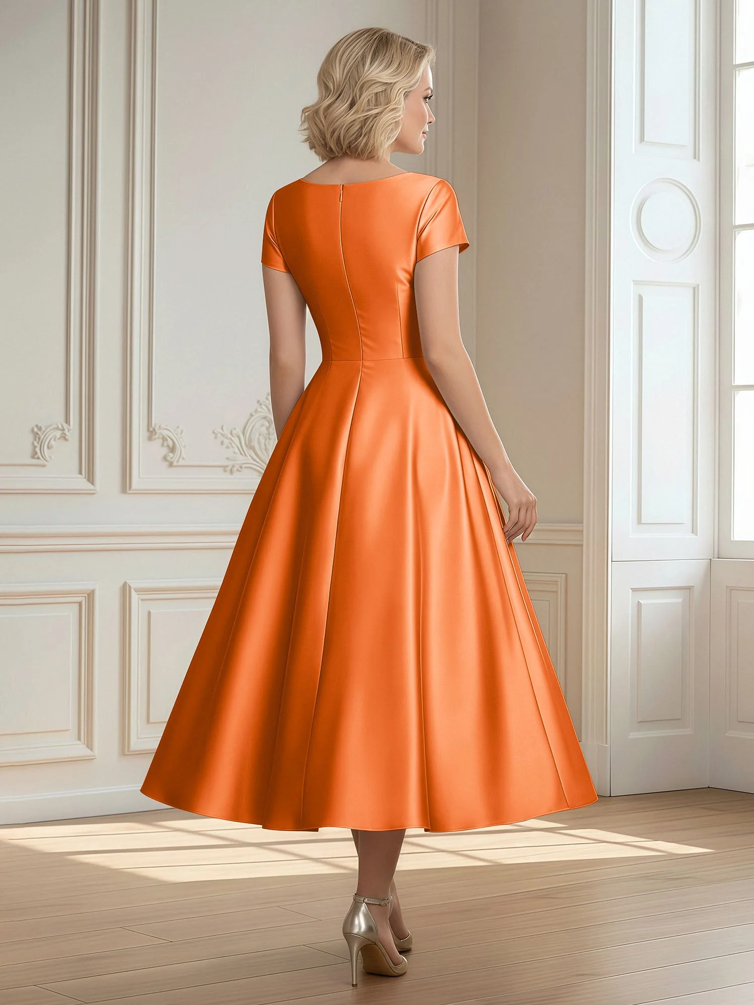 A-Linie Schaufel Satin Wadenlang Kleid mit Plissee Orange - Image 2